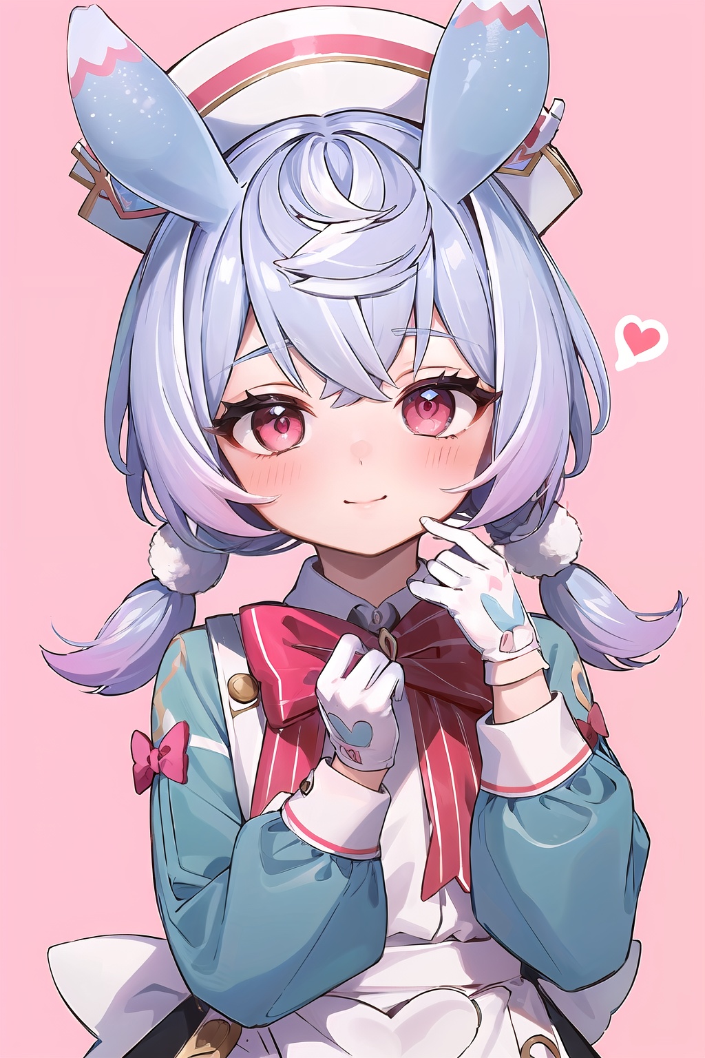 (masterpiece, best quality:1.2),insanely detailed,absurdres,ultra-highres,ultra-detailed,best quality,slender,kawaii,perfect symmetrical face,ultra cute girl,ultra cute face,ultra detailed eyes,ultra cute,ultra beautifu,<lora:sigewinneT-000008:1>,sigewinne \(genshin impact\),1girl,solo,white gloves,bow,red eyes,blue hair,looking at viewer,white headwear,smile,heart,animal ears,short twintails,simple background,hat,closed mouth,pink background,long sleeves,red bow,dress,upper body,bowtie,pink bow,pink bowtie,spoken heart,white apron,blush,vision \(genshin impact\),gloves,