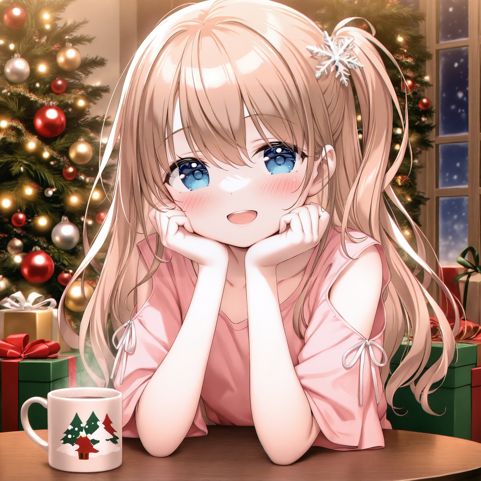 masterpiece,absurdres,best quality,loli,petite,high quality,chromatic_aberration,//,1girl,christmas_tree,solo,gift,pink_shirt,blush,cup,gift_box,christmas,smile,long_hair,looking_at_viewer,shirt,hair_ornament,christmas_ornaments,blue_eyes,hair_between_eyes,box,open_mouth,mug,:d,brown_hair,short_sleeves,upper_body,head_rest,collarbone,hands_up,food,shoulder_cutout,