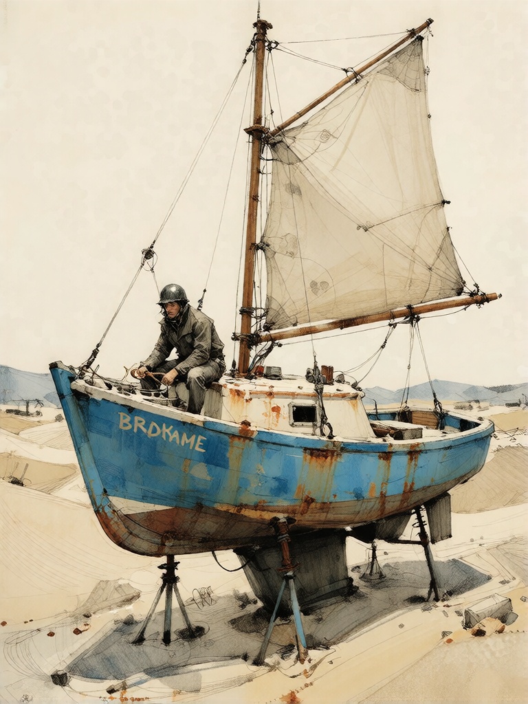 Bradhamel art style. A weathered,  rust-streaked fishing boat with a faded blue hull and beige canvas sail,  suspended on...
