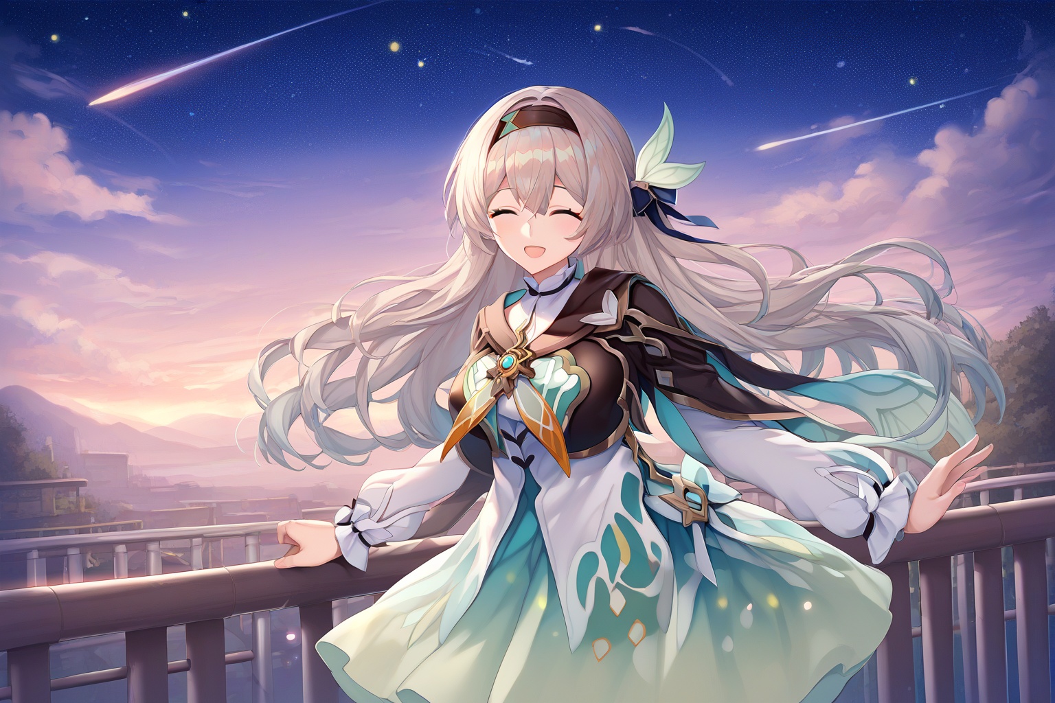score_9,score_8_up,score_7_up,score_6_up,score_5_up,score_4_up,source_anime,source_cartoon,firefly \(honkai: star rail\),1girl,solo,hairband,closed eyes,long hair,smile,shooting star,open mouth,railing,black hairband,jacket,sky,hair intakes,holding,star \(sky\),long sleeves,bow,hair bow,outdoors,grey hair,starry sky,shirt,evening,:d,cloud,sidelocks,ribbon,hair ribbon,skirt,hair between eyes,<lora:fireflyPXL-000008:1> 