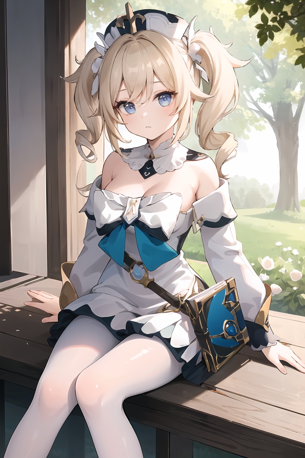 (masterpiece, best quality:1.2),insanely detailed,absurdres,ultra-highres,ultra-detailed,best quality,slender,kawaii,perfect symmetrical face,ultra cute girl,ultra cute face,ultra detailed eyes,ultra cute,ultra beautifu,<lora:barbara-000001:1>,barbara\(Innocent Longing\)\(genshin impact\),barbara \(genshin impact\),1girl,solo,white dress,blue eyes,twintails,hat,standing,blonde hair,white pantyhose,book,black footwear,cross,long sleeves,detached sleeves,twin drills,neck ring,bare shoulders,breasts,outdoors,sitting,