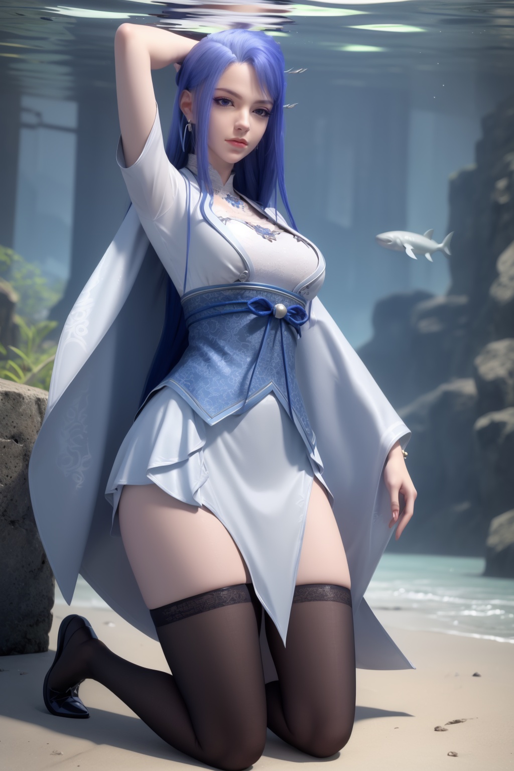 1girl,underwater,submerged,floating hair,air bubble,holding breath,see-through,masterpiece,best quality,highly detailed,fish,(wide hip:1.2),jellyfish,earrings,hair ornament,sea weed,coral reef,shark,sea turtle,sexy pose,kneeling,chinese dress,chinese clothes,big breasts,(looking at viewer:1.2),black pantyhose,arms up,torn pantyhose,blue hair