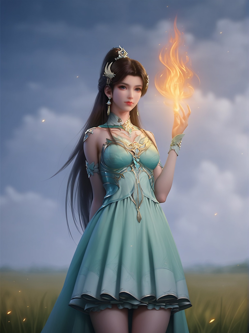 zPDXL3,score_9,score_8_up,score_7_up,source_realistic,rating_safe,<lora:xuner-000006:0.9>,xuner,1girl,solo,closed mouth,ponytail,hair ornament,jewelry,earrings,detached collar,clothing cutout,green dress,holding flame,looking at viewer,arms behind back,cowboy shot,outdoors,grasslands,sky,cloud,sunlight,glowing,depth of field,blurry background,