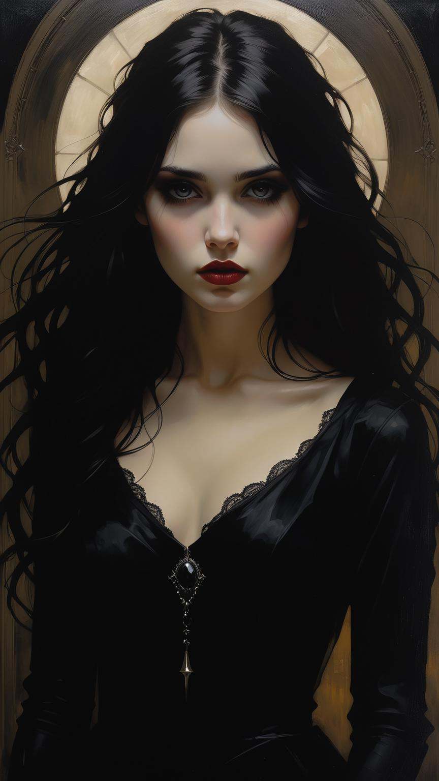 In Casey Baugh's evocative style, a Gothic girl emerges from the depths of darkness, her essence a captivating blend of mystery and allure. With piercing eyes and flowing ebony hair, she exudes an enigmatic presence that draws viewers into her world. Baugh's brushwork infuses the painting with a unique combination of realism and abstraction, highlighting the girl's delicate features and contrasting them against a backdrop of deep, rich hues, The interplay of light and shadow adds depth and dimension to the artwork, creating a hauntingly beautiful portrayal of this Gothic muse. Baugh's distinctive style captures the essence of the girl's enigmatic nature, inviting viewers to explore the depths of her soul