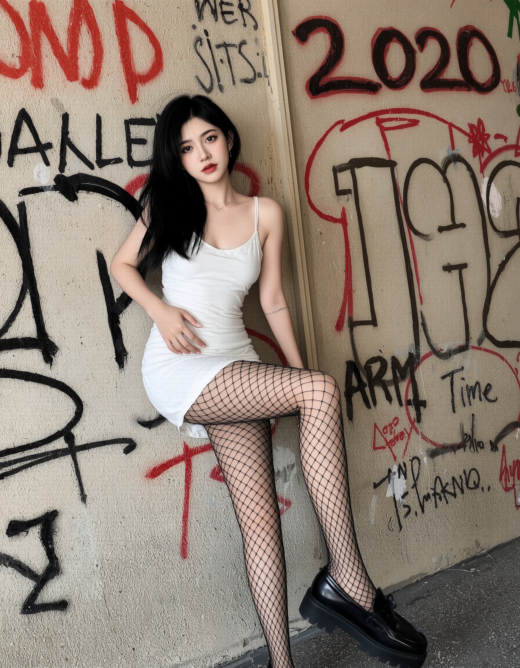This is a clear street photography with a modern urban style. In the photo,there is a woman wearing a white **** dress paired with black fishnet stockings and black shoes. Her hair is black and falls over her shoulders. She places her right hand on her waist and her left hand on her leg. Her eyes are looking to the left of the camera. She appears to be in her twenties,slim in figure,and with a calm expression. Her attire is simple and elegant,showing a sense of fashion. The background is a wall covered in graffiti,with various graffiti and texts including "2020" among others.,