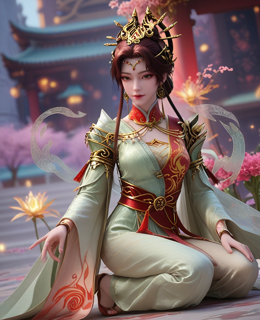 (oriental architecture, elegant decor, sophisticated style:1.1),Crouching low, with a mischievous grin and fingers splayed as if casting a spell, she captures the whimsy of a fairy tale creature,(breasts:1.2),<lora:XL16完美世界真仙英灵:0.95>,1girl,two-tone celadon and red cross-collar hanfu,brown eyes,brown hair,traditional chinese updo with long front strands,hair ornament,earrings,jewelry,wide flowing sleeves,sash,, zPDXL2, score_9, score_8_up, score_7_up BREAK realistic, masterpiece,best quality, highly detailed,, zPDXL3, zPDXL2,zPDXL, zPDXLxxx, zPDXLrl,