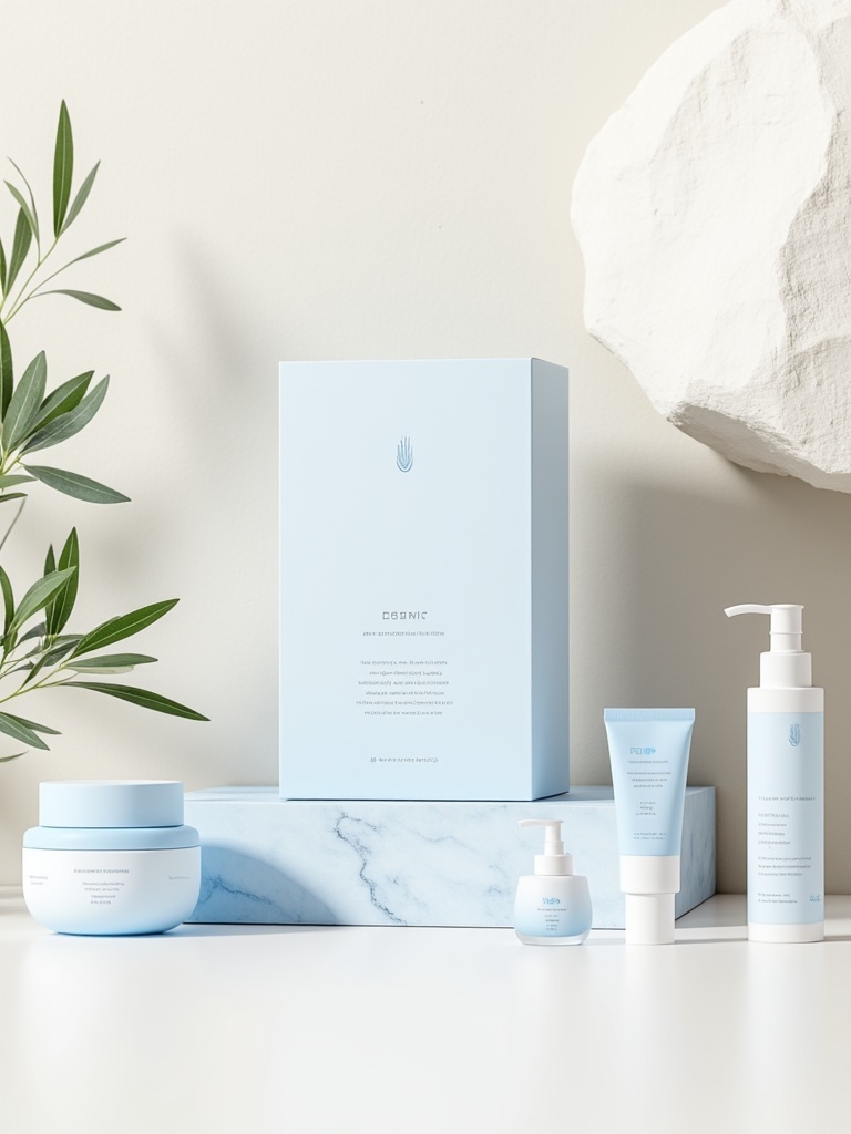 miluo_bzqx, The image is a photograph showcasing a minimalist, modern skincare product display. The background features a textured, off-white wall with a large, smooth, white rock in the upper right corner, adding a natural element. To the left, a small, lush green olive branch with slender, elongated leaves adds a touch of nature.In the foreground, a set of skincare products is arranged on a clean, white surface. The products are predominantly white with light blue accents, featuring a consistent, elegant design. The primary item is a rectangular box with a soft, matte finish, placed centrally on a light blue, marble-textured block. This box has a minimalist logo and text in a clean, sans-serif font.Surrounding the box are various skincare items, including a round, white jar with a light blue lid to the left, a cylindrical white bottle with a light blue cap and label to the right, and a small, white pump bottle with a light blue label in the center. Each item has a simple, modern aesthetic, emphasizing a clean and sophisticated look. The overall composition is balanced and visually appealing, emphasizing the products' simplicity and elegance. <lora:miluo丨包装设计-小清新-flux-1.3:1>