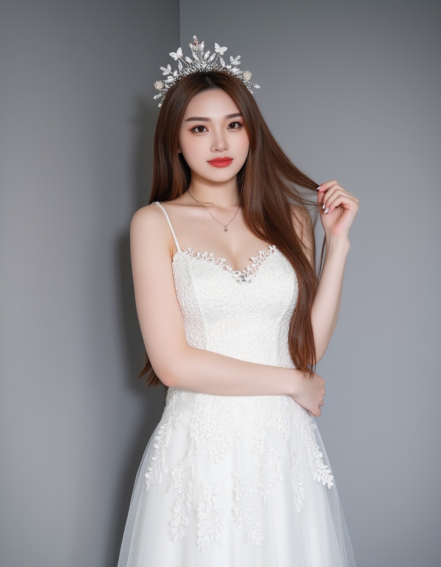 This is a photograph of a young Asian woman with fair skin and long, straight brown hair. She is wearing a white lace dress with intricate floral patterns. Her makeup is bold, featuring red lipstick and dark eye makeup. A delicate, silver headpiece with floral and butterfly motifs adorns her head. She stands against a gradient gray background, with one arm raised, touching her hair. The overall aesthetic is ethereal and elegant, emphasizing her soft features and the texture of the lace fabric.