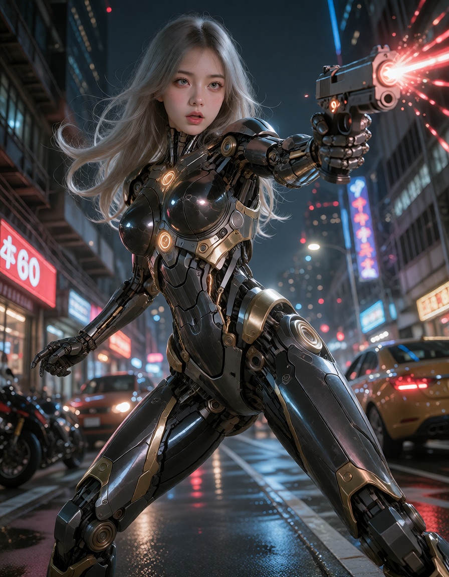 A woman with long silver hair and gray eyes.,  She is a mechanical cyborg with a black metallic body with gold trim,  and...