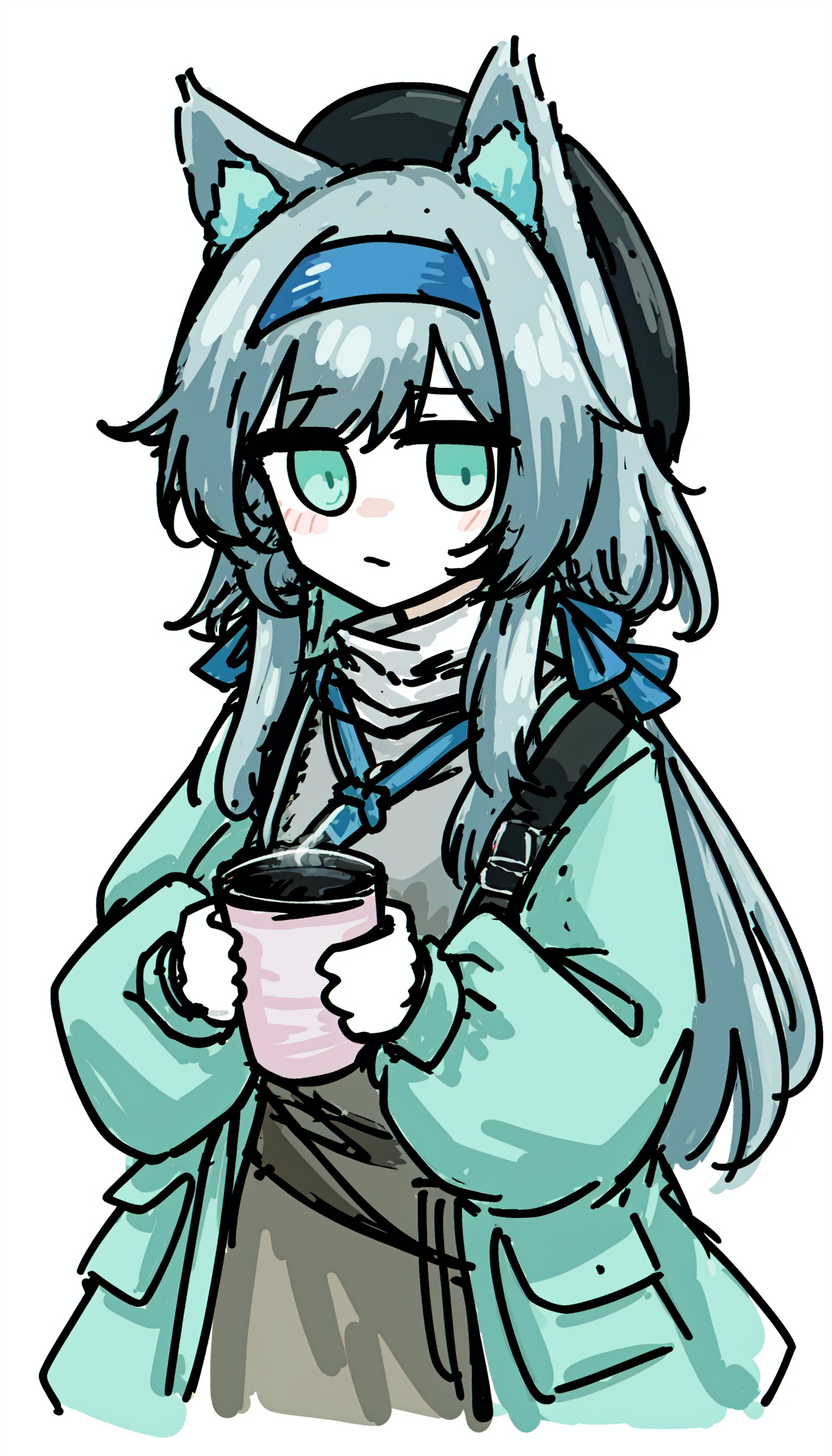 1girl, rosmontis \(arknights\), solo, animal ears, long hair, green eyes, holding, grey hair, white background, hairband, cat ears, hat, dress, simple background, chibi, very long hair, holding cup, long sleeves, bag, looking at viewer, cup, amiya \(arknights\)