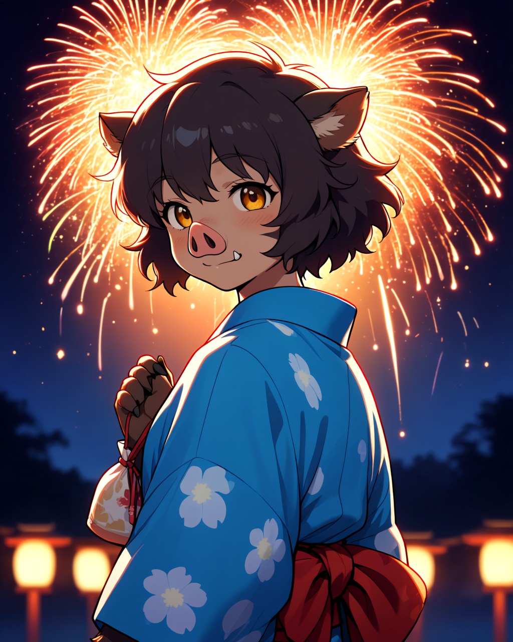 A boar girl standing at a summer festival at night.She has a wild boar-like snout,  boar ears,  a small visible tusk on Te...
