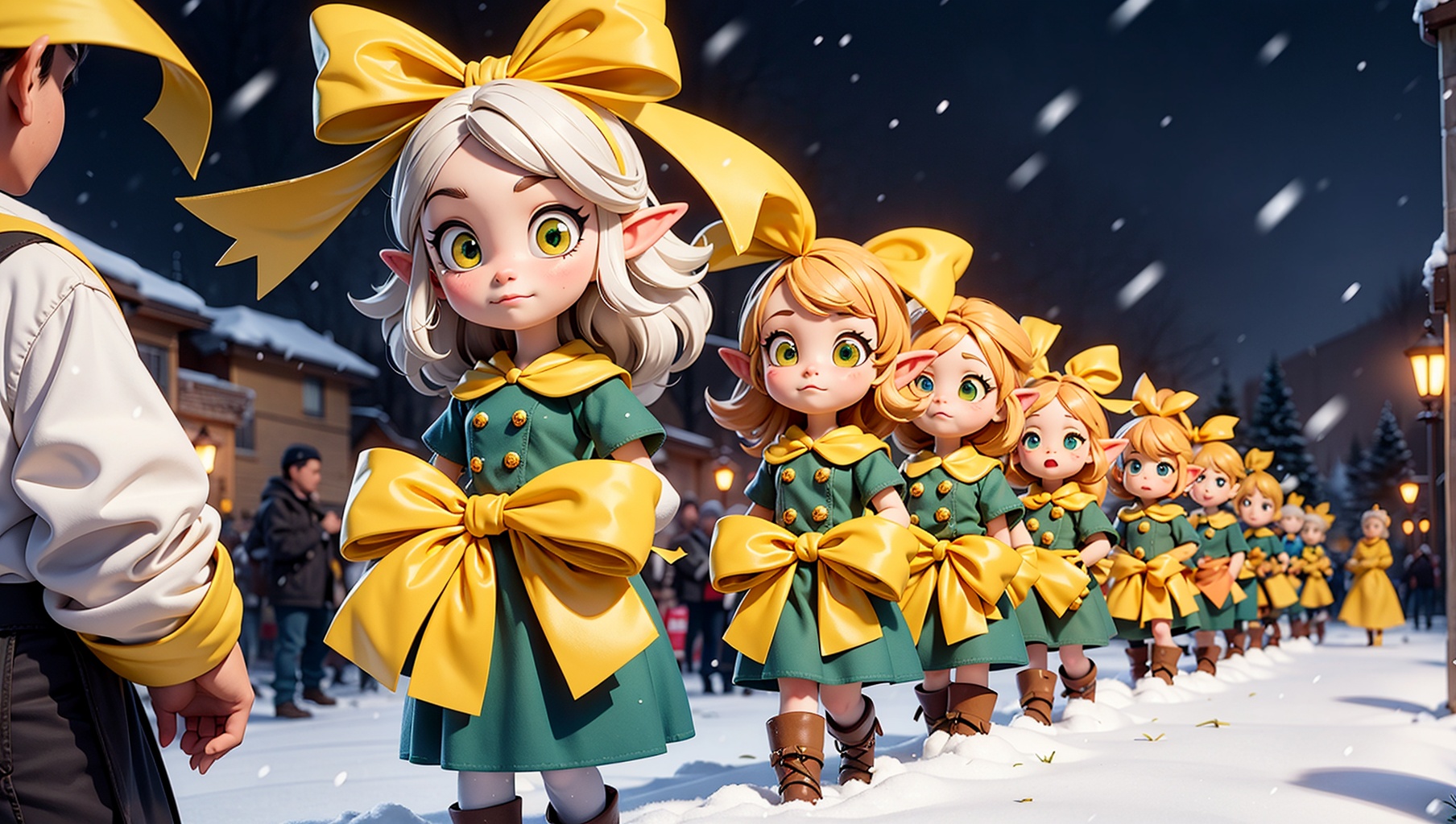 over 10 elves ((holding yellow ribbons)),  walking towards viewer holding yellow ribbons. Snowing,  explosions in the back...
