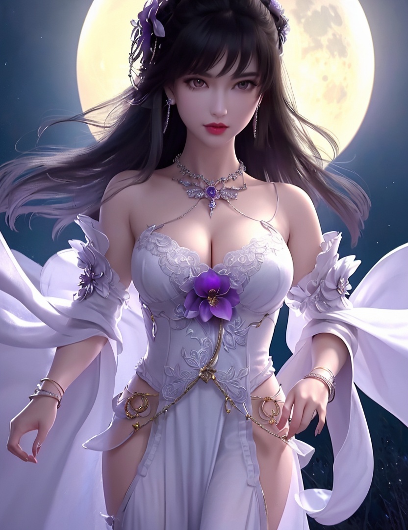 ultra realistic 8k cg, picture-perfect face, flawless, clean, masterpiece, professional artwork, famous artwork, cinematic lighting, cinematic bloom, perfect face, beautiful face, fantasy, dreamlike, unreal, science fiction,   lace, lace trim, lace-trimmed legwear,  (rich:1.4), prestige, luxury, jewelry, diamond, gold, pearl, gem, sapphire, ruby, emerald, intricate detail, delicate pattern, charming, alluring, seductive, erotic, enchanting, hair ornament, necklace, earrings, bracelet, armlet,halo((,1girl, pov,))(((1girl, jewelry, solo,, breasts, , looking_at_viewer,  outdoors,  full moon,  upper body,  purple flower, )))    <lora:DA_YueChanTeen:0.7>