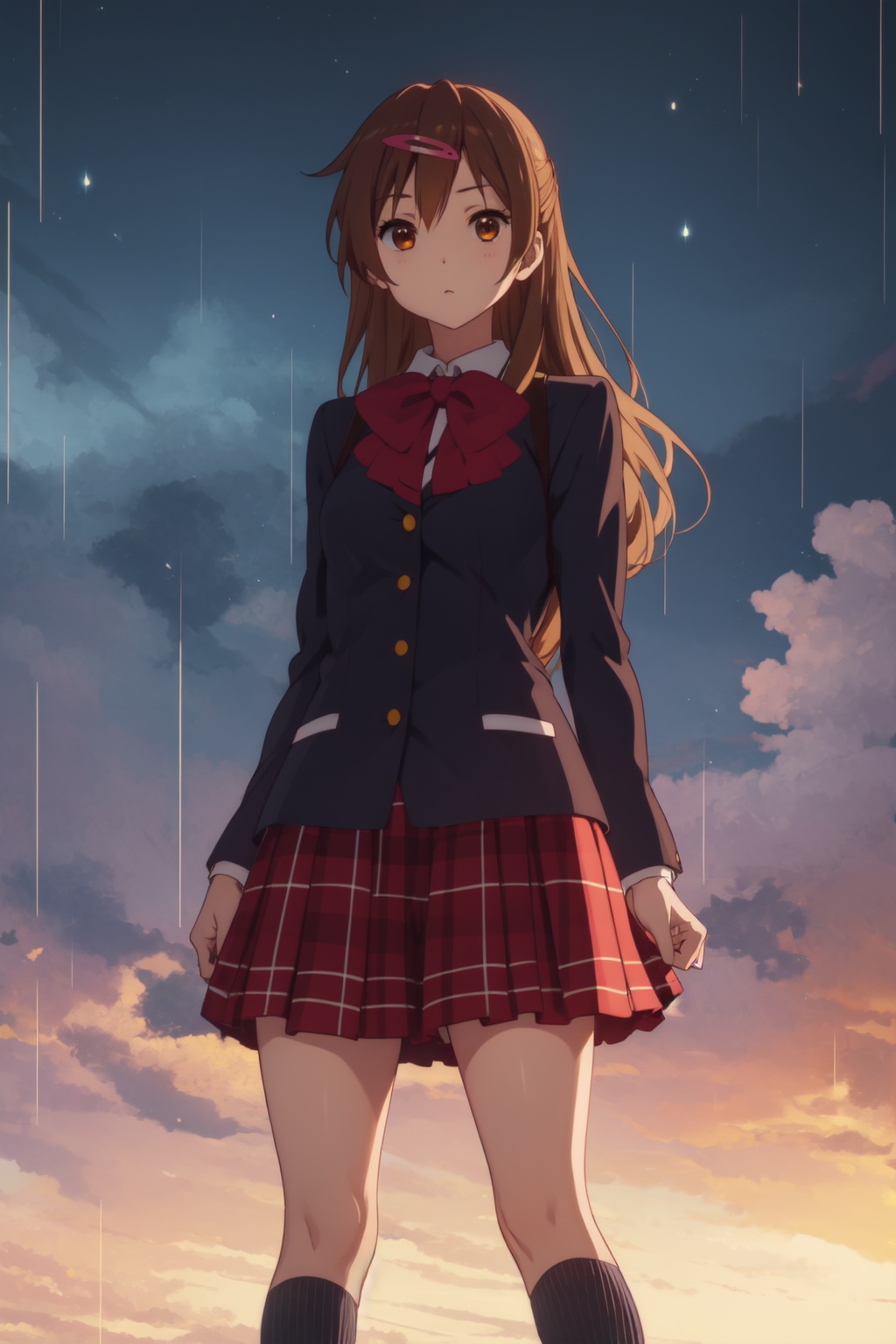 <lora:Shinka-000011:0.8>,Shinka CYQL,1girl,looking at viewer,solo,long hair,brown hair,one side up,brown eyes,hairclip,hair ornament,school uniform,skirt,plaid,plaid skirt,socks,kneehighs,blush,full_shot,Rainbow, Rain, Colors, Sky, Horizon, Beauty, Serenity, Magic,(Lavender rows, Purple blooms, Summer sunshine, Fragrant air, Lavender harvest, English countryside:0.5),beautiful detailed sky,beautiful detailed glow,posing in front of a colorful and dynamic background,masterpiece,best quality,beautiful and aesthetic,contrapposto,female focus,wallpaper,