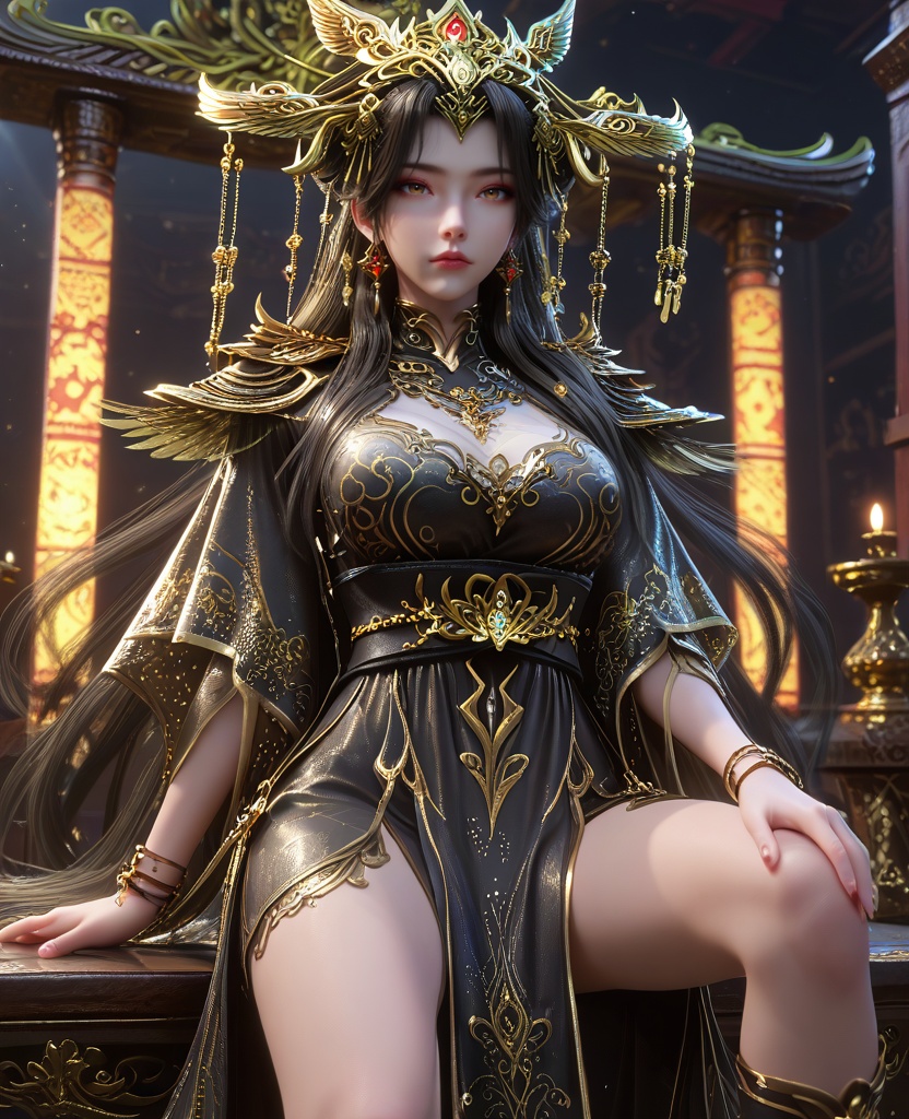 (Sitting, one knee bent, looking thoughtful,:1.1),looking at viewer,(large breasts:1.2),<lora:XL16云深不知梦炽阳瑾:0.95>,miss chiyangjin,black tiered dress,brown eyes,black hair,absurdly long hair,half-up braid with long cascading hair,hair ornament,earrings,jewelry,sash,shoulder armor,bracelet,wide sleeves,see-through overdress,clothing cutout,, score_9,score_8_up,score_7_up,score_6_up,score_5_up,score_4_up,3d rendering,tag1,tag2, Cinematic Lighting,backlighting,