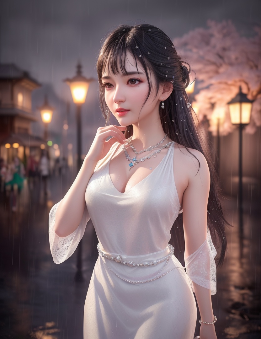 <lora:537-DA-百炼成神-赵小花:0.8>(,1girl, ,best quality, ),looking at viewer, ,ultra detailed 8k cg, ultra detailed background,  ultra realistic 8k cg,          cinematic lighting, cinematic bloom, (( , )),,  , unreal, science fiction,  luxury, jewelry, diamond, pearl, gem, sapphire, ruby, emerald, intricate detail, delicate pattern, charming, alluring, seductive, erotic, enchanting, hair ornament, necklace, earrings, bracelet, armlet,halo,masterpiece, (( , )),,  ,cherry blossoms,(((, night,night sky,lamppost,  ultra high res, (photorealistic:1.4), raw photo, 1girl, , rain, sweat, ,wet, )))(( , ))   (cleavage), (),
