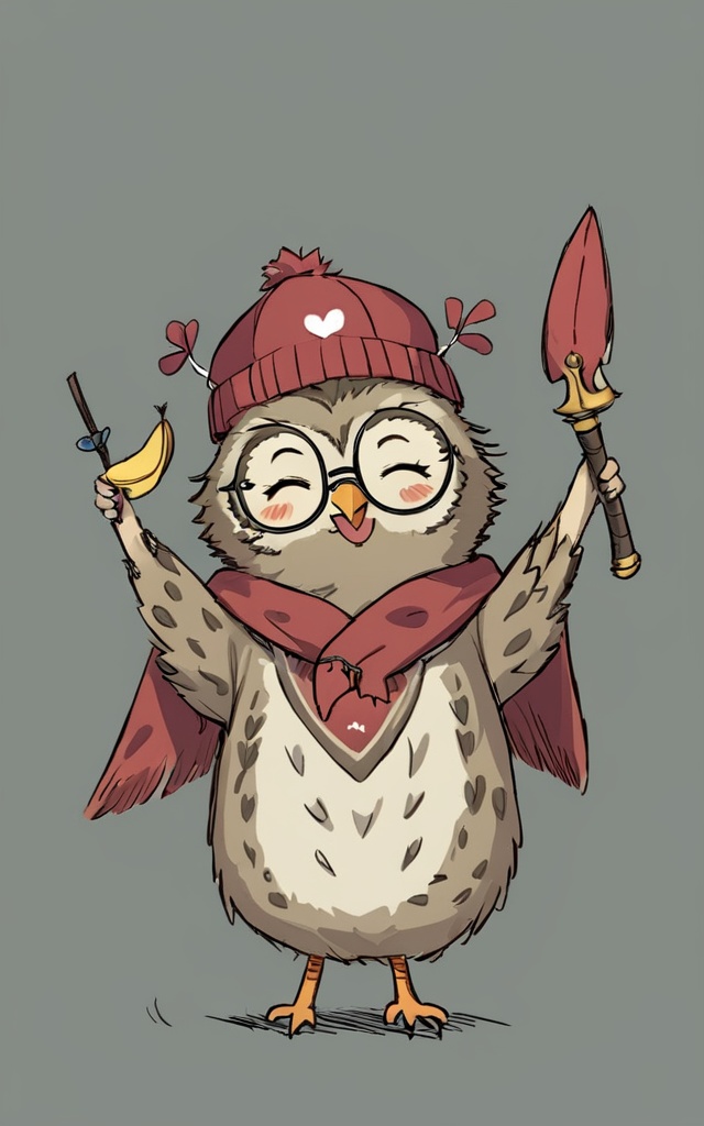 comic_style, children's_painting_style, no humans, fruit, food, bird, closed eyes, hat, heart, smile, ((weapon)), holding, standing, owl, simple background, looking at viewer, grey background, eating, closed mouth, animal, ^ ^, animal focus, arms up, clothed animal, open mouth, chicken, glasses, sketch, walking, facial mark, arm up,<lora:好吃米-儿童绘本:0.8>,