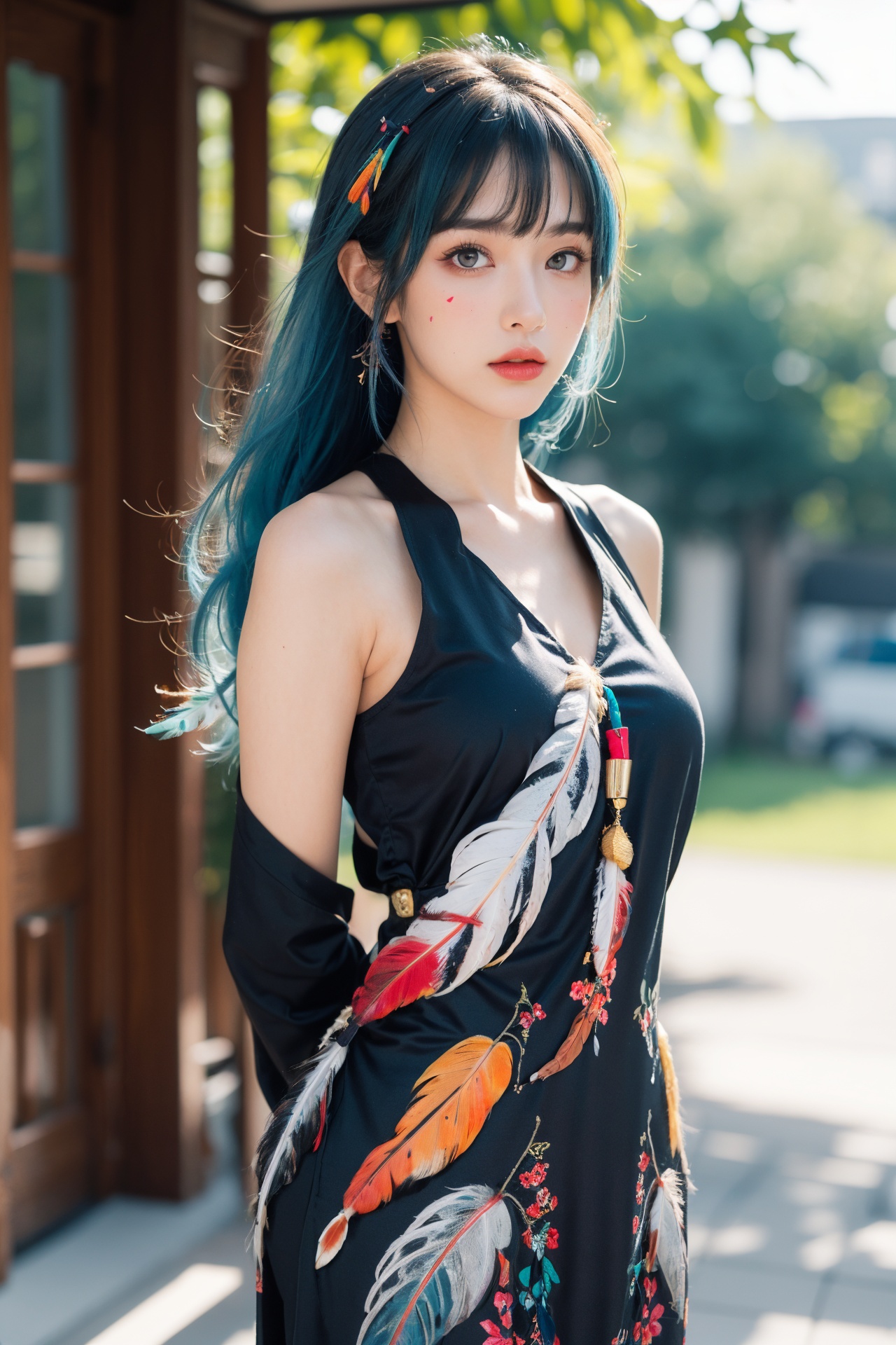 (full body:1.3),(realistic:1.4),(Photo-referencing),HDR,(Studio Lighting),Soft Lighting,(Accent Lighting:1.21),(colorful:1.3),(outdoors:1.33),(arms behind back:1.4),1girl,solo,(blue hair:1.33),long sleeves,looking at viewer,bangs,(long hair:1.2),closed mouth,yellow eyes,hair between eyes,multicolored eyes,purple eyes,sidelocks,high ponytail,straight hair,swept bangs,<lora:ColorfulFeatherPortrait-极氪写实MAX:0.65>,1girl,bare shoulders,blonde hair,(colorfulfeatherportrait:1.3),facepaint,feather hair ornament,feathers,hair ornament,lips,long hair,makeup,mascara,portrait,realistic,solo,upper body,
