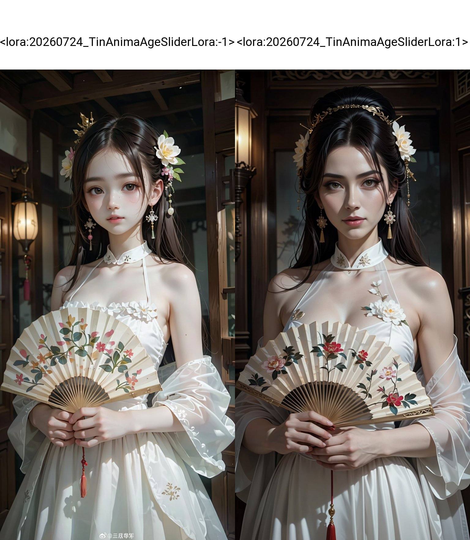 An East Asian woman with pale skin and long,  dark hair adorned with a floral hairpiece. She wears a white,  sleeveless on...
