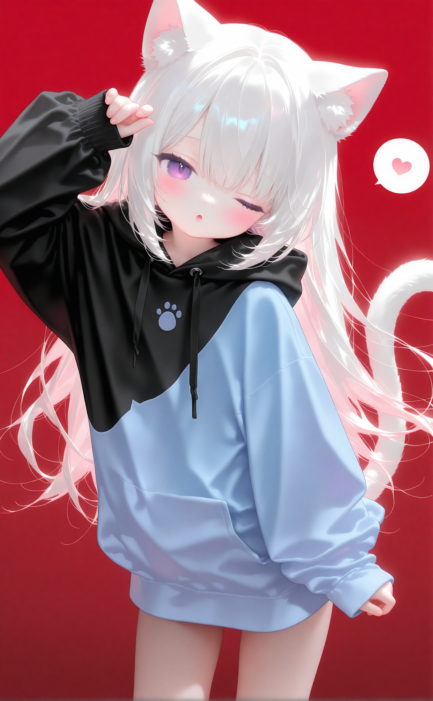 nyalia,nyalia,loli,1girl,solo,looking at viewer,blush,bangs,long sleeves,animal ears,purple eyes,tail,white hair,heart,parted lips,one eye closed,puffy sleeves,cat ears,hand up,hood,cat tail,animal ear fluff,sleeves past wrists,hoodie,hood down,cat girl,red background,spoken heart,puffy long sleeves,drawstring,tail raised,black hoodie,;o,blue hoodie,<lora:nyalia acid5-000048:0.8>,