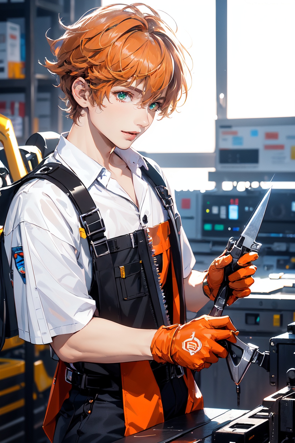 (upper body:1.2),(masterpiece:1,2),best quality,best quality,masterpiece,(solo:1.25),(1 boy:1.5),Mature male,Sunny boy,happy,Short curly orange hair,green eyes,workwear,Transparent clothes,engineer,Tooling,engineer,wrench,pliers,mechanical table,future,science fiction,white background,<lora:Cyberworld_20230622141420:0.8>,
