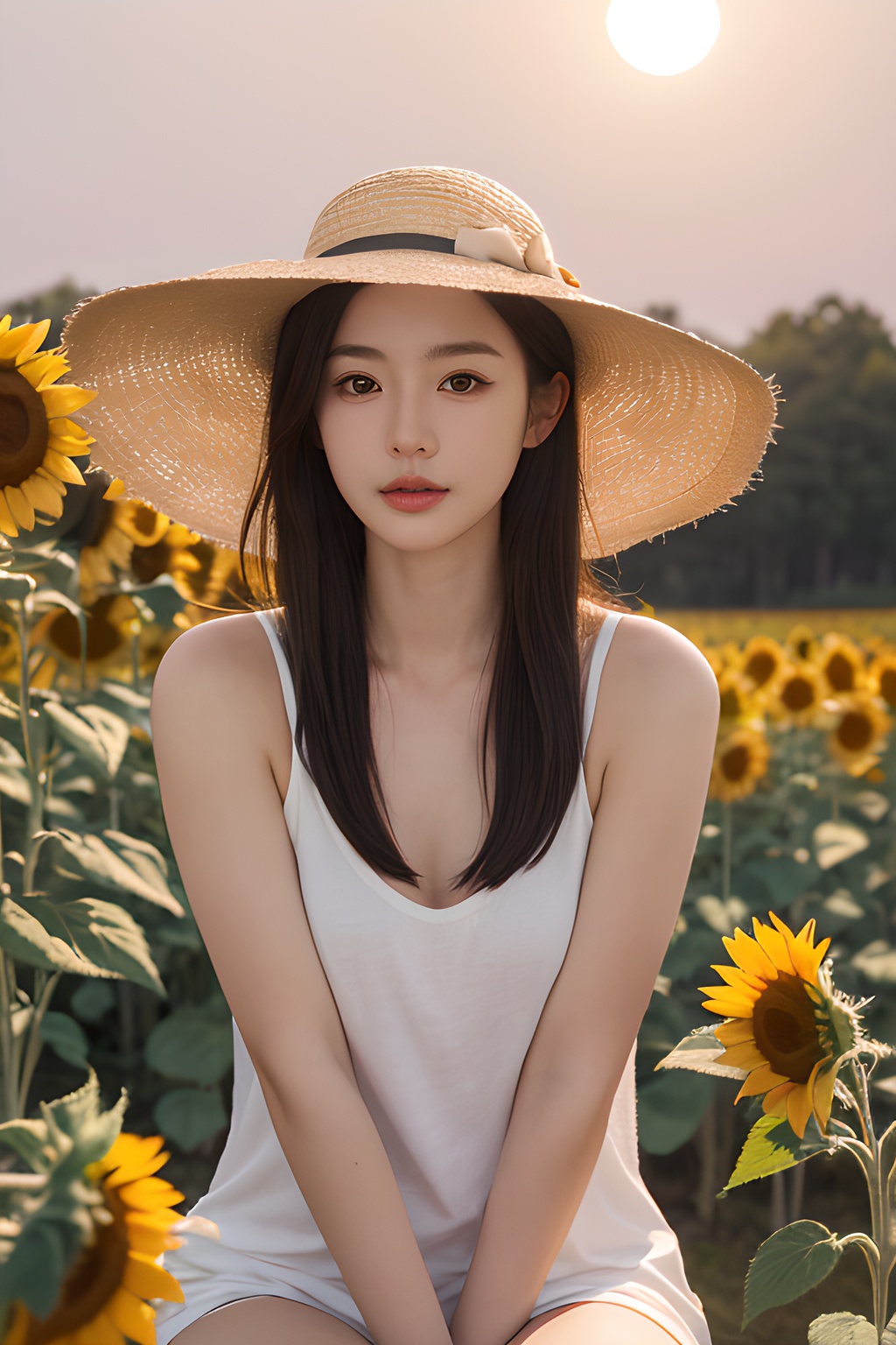 <lora:0812_02:0.7>,a girl with a sun hat, sitting in a field of sunflowers, bathed in the golden glow of sunset, warm hues, peaceful ambiance, natural beauty.korean girl,black hair,, 1girl,realistic,masterpiece, best quality, photorealistic, HDR,detail