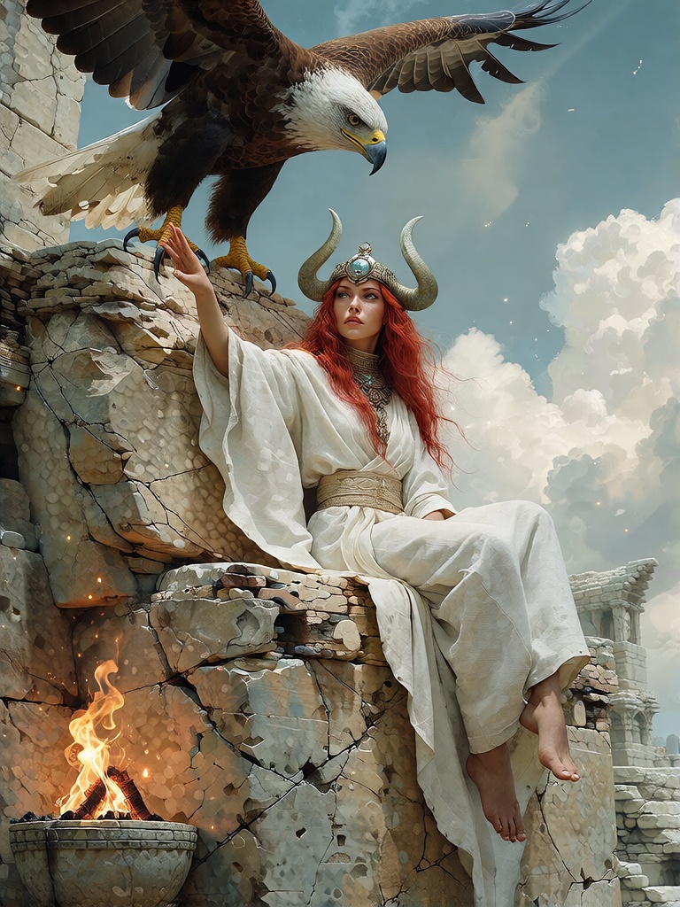 Bradhamel art style. A woman with long red hair and a white horned headdress sits atop a fractured,  ancient stone cliff,...
