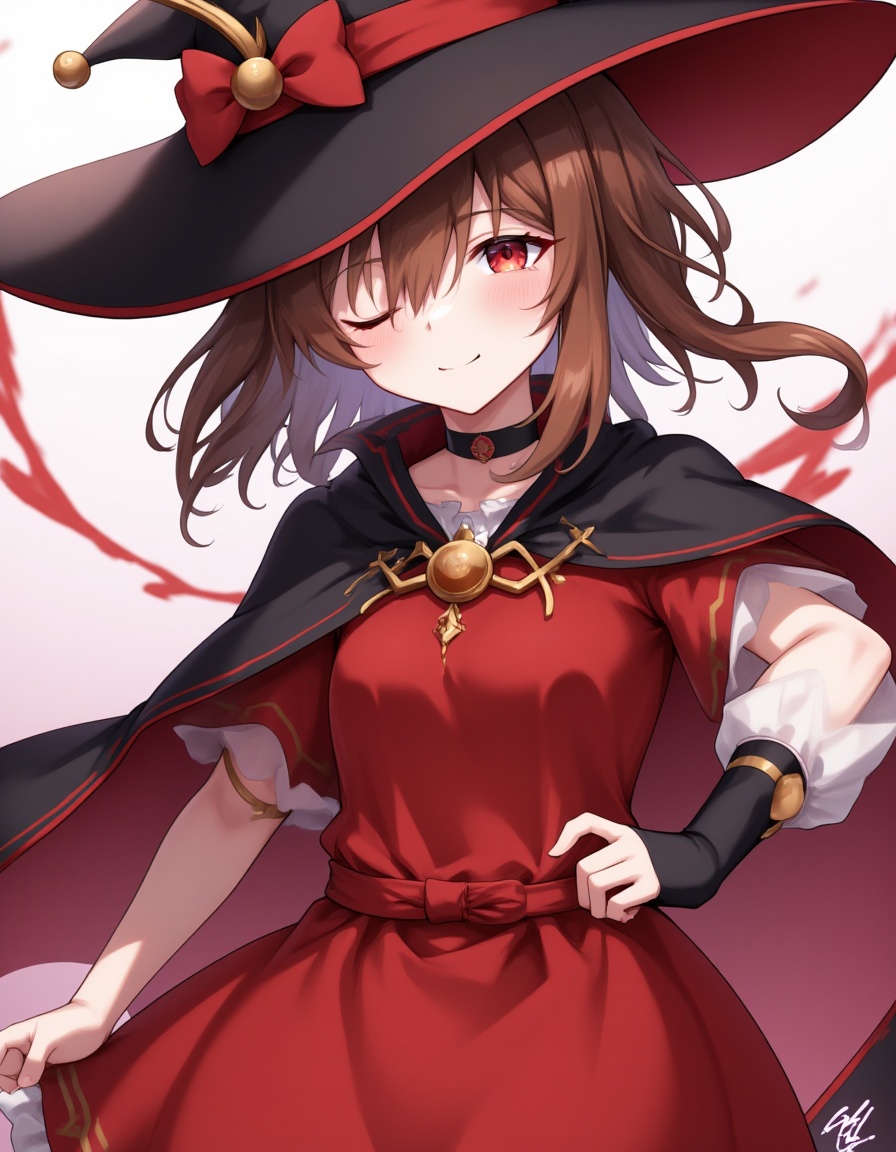 1girl,megumin,red eyes,short hair with long locks,brown hair,red dress,black choker,fingerless gloves,belt,black gloves,collar,cape,witch hat,dynamic pose,shaka sign,hand on own hip,upper body,looking at viewer,smile,one eye closed,\> o,colorful,shiny skin,shaft look,head tilt,dynamic pose,photo background,masterpiece,best quality,absurdres,newest,very aesthetic,amazing quality,highres,sensitive,highres,ultra detailed,best anatomy,HDR,8K,high detail RAW color art,high contrast,large pupil,