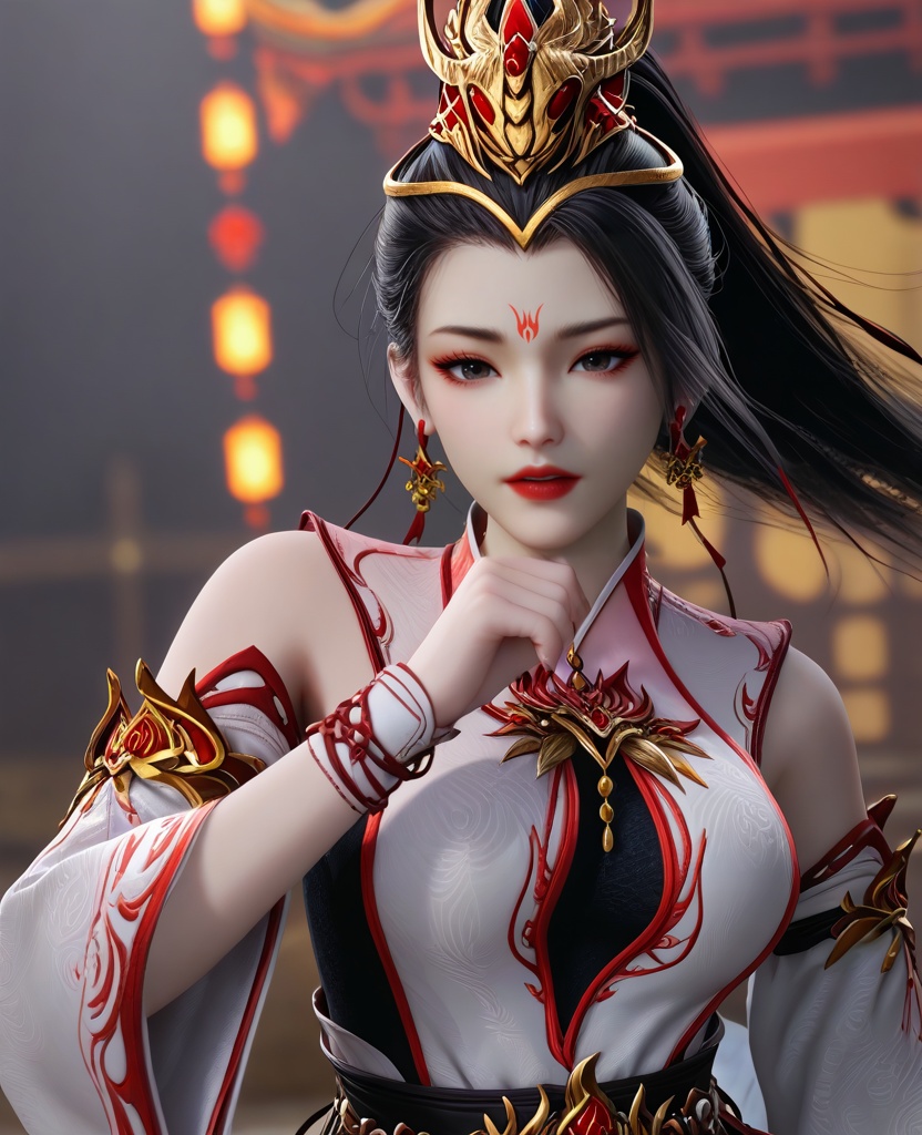 (oriental architecture, elegant decor, sophisticated style:1.1),(dancing:1.1),Neutral, A relaxed facial expression with a slightly open mouth,(large breasts:1.2),<lora:XL16师兄啊师兄玖酒:0.95>,miss jiujiu,white dress,forehead mark,black hair,ponytail,long hair,hair ornament,jewelry,earrings,black slip dress,red lips,, score_9,score_8_up,score_7_up,score_6_up,score_5_up,score_4_up,3d rendering,tag1,tag2, Cinematic Lighting,backlighting,