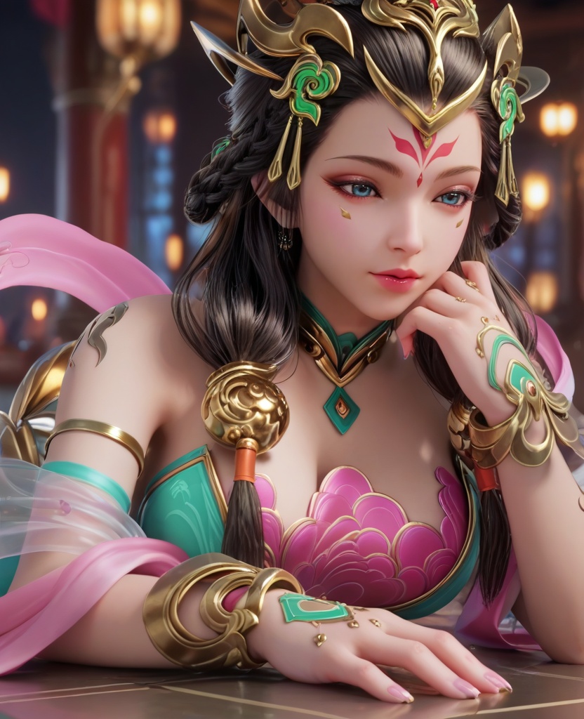 (oriental architecture, elegant decor, sophisticated style:1.1),(lying face down, head toward the camera:1.1),(large breasts:1.2),(veil:1.1),<lora:XL16王者荣耀杨玉环:0.95>,miss yangyuhuan,green stain mermaid evening gown,pink bra,blue eyes,mole under eye,eyeshadow,forehead mark,black hair,long hair,braid,hair ornament,makeup,bare shoulders,pink silk shawl,bracelet,belt,anklet,, score_9,score_8_up,score_7_up,score_6_up,score_5_up,score_4_up,3d rendering,tag1,tag2, Cinematic Lighting,backlighting,, zPDXL3, zPDXL2,zPDXL, zPDXLxxx, zPDXLrl,