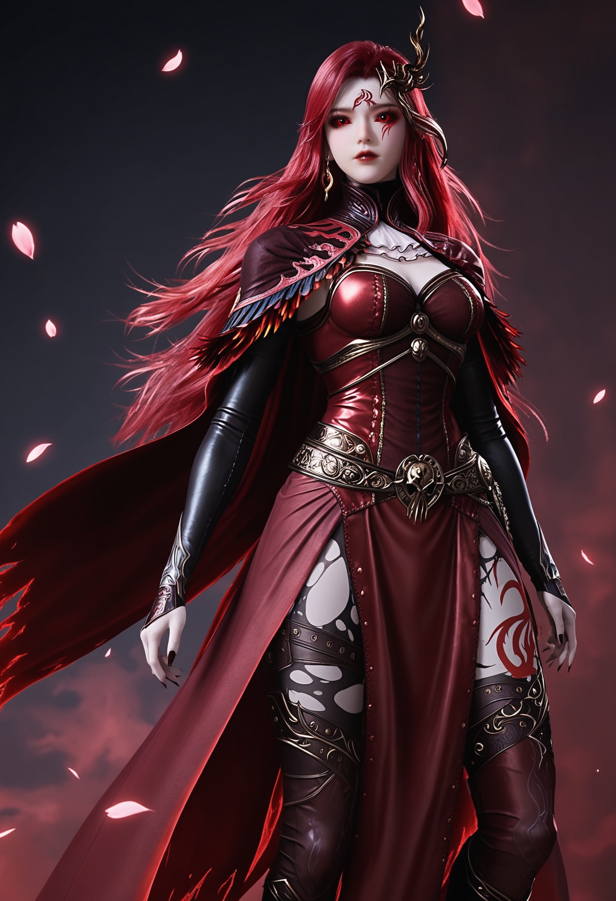 (upper_body:1.2),(looking at viewer:1.1),masterpiece,(best quality),smog,Dark room,dim lighting,peach blossom,falling petals,<lora:YQ_Illustrious光辉v5_马小桃_服装2_V1:0.8>,q1528437228,1girl,solo,long hair,red hair,red eyes,dress,cape,belt,boots,jewelry,red dress,thighhighs,earrings,colored sclera,black sclera,high heels,torn clothes,tattoo,red cape,ascot,brown eyes,facial mark,gloves,armor,helmet,horns,glowing eyes,red sclera,thigh boots,high heel boots,white ascot,cloak,black footwear,