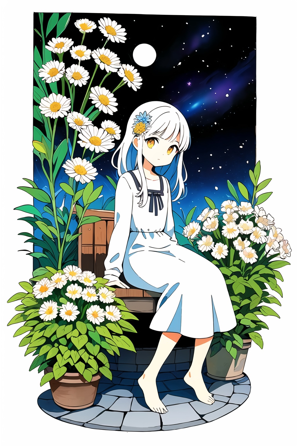 [(white background:1.4)::4],solo,(traditional media:1.3),round image,solo,(flat color),colorful,(masterpiece:1,2),best quality,masterpiece,highres,original,extremely detailed wallpaper,(flat color),colorful,(Masterpiece :1,2),best quality,masterpiece,Highres,original,extremely detailed wallpaper,looking at viewer,(mid shot:0.95),(full body:1.25),Dynamic angle,extremely delicate and beautiful,((Balcony)),(nature),(depth of field),amazing,masterpiece,growth,solo,lens flare,she(sitting, admiring the flowers and the moon),loli,little girl,(long sleeves),((arms behind back)),she(long white hair+golden eyes+white simple style transparent dress+hair flower+shiny skin+shiny hair+crystal clear clothes),bare legs,barefoot,Star trail: ((1.3), potted plant, hanging potted the plants, between lamp, potted smallpox, blighting stars, night, elegant, night sky,extremely delicate and beautiful sky,shiny,nebula,star,galaxy,meteor,meteor shower,close-up,petals floating,many flowers,garden,glowworm,daisy, carnation, lavender, lily, chrysanthemum, rose),(looking at viewer),fflogo,<lora:Rabbit_B:0.3>,
