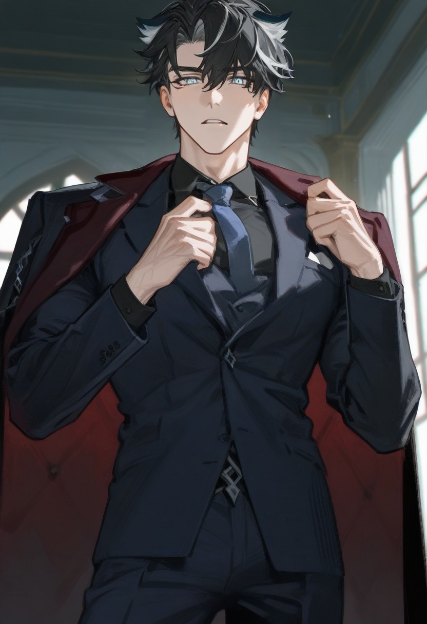 <lora:illix:1>,i/l/l/i/x \(33\),wriothesley (genshin impact),1boy,male focus,solo,looking at viewer,suit,muscular,, best quality,high quality,detailed,