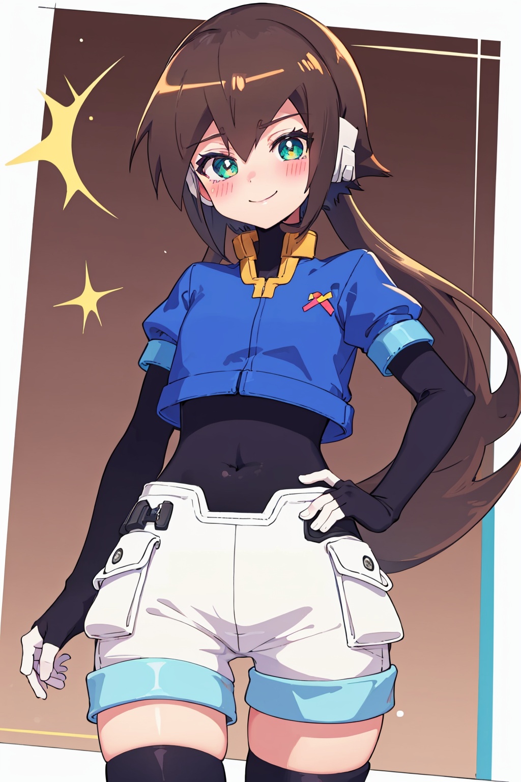 masterpiece,best quality, highly detailed, 1girl,aile (mega man zx),legwear under shorts,short over long sleeves,shorts,solo,spandex,bodysuit,gloves,looking at viewer,smile,blush,skin tight,<lora:aile_(mega_man_zx):1>