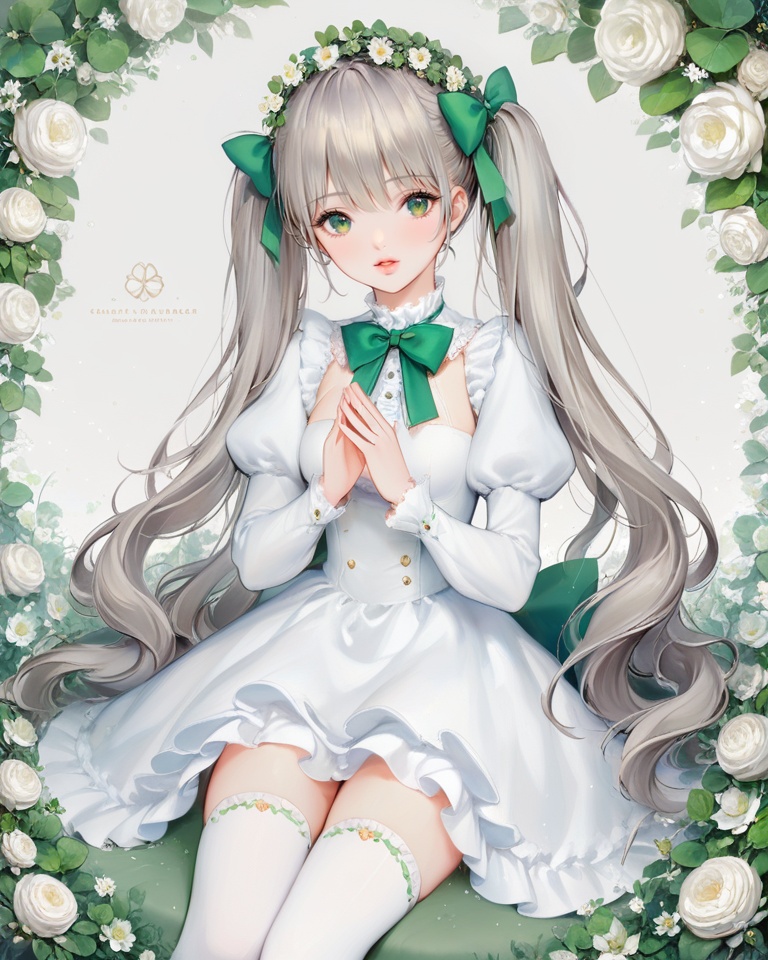 (best quality), ((masterpiece)), (highres), illustration, original, extremely detailed,<lora:DDCXL:0.7>solo, 1girl, dress, twintails, thighhighs, green eyes, white thighhighs, long sleeves, white dress, long hair, parted lips, bow, flower wreath, frills, frilled dress, bangs, puffy sleeves, very long hair, flower, blush, juliet sleeves, sitting, head wreath, steepled fingers, looking at viewer, green bow, hands up, hair between eyes, hair bow, clover, grey hair, white flower
