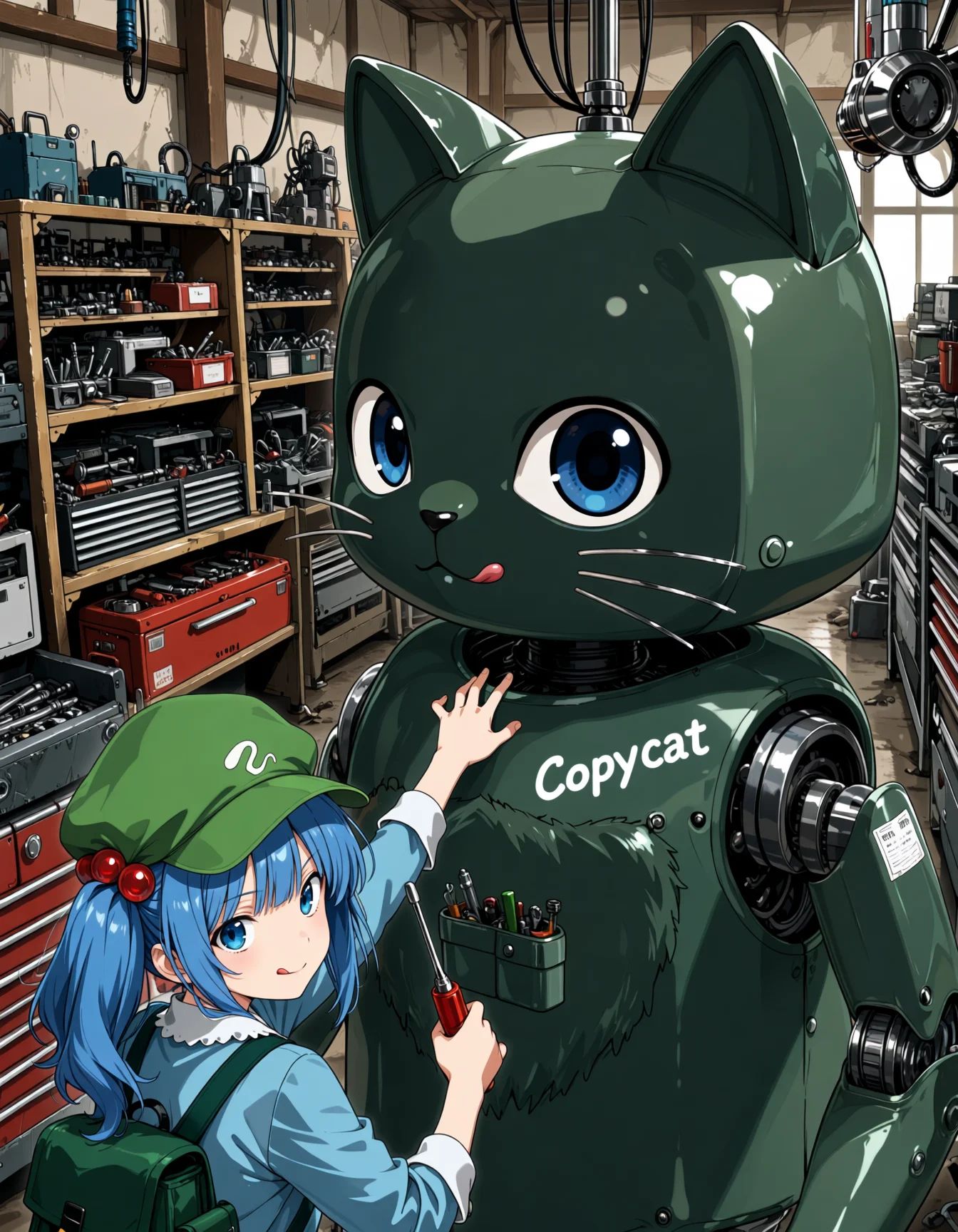 A girl is using a screwdriver to maintain a large cat-shaped robot. The robot has “Copycat” written on it. The factory is...