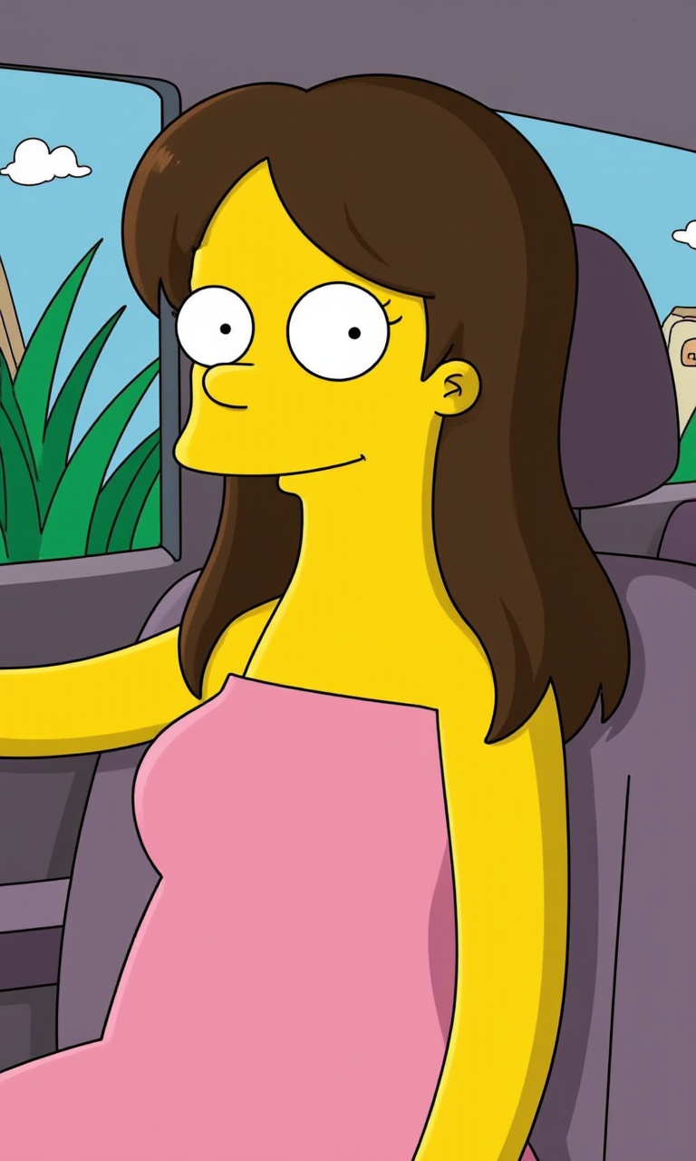 everyday scene image with a natural style. The content of the image shows a young female wearing a pink sundress sitting in the rear seat of a car. Her body is facing the right side of the frame, and her eyes are looking at the camera. She appears to be around 20 years old, female, slim, with a calm expression, wearing a pink sundress, with dark brown hair, long hair falling over her shoulders without bangs. The background consists of part of the car interior and blurred green plants outside the window.This is a high-definition cartoon-style image. "The Simpsons.", <lora:辛普森v2:1>,
