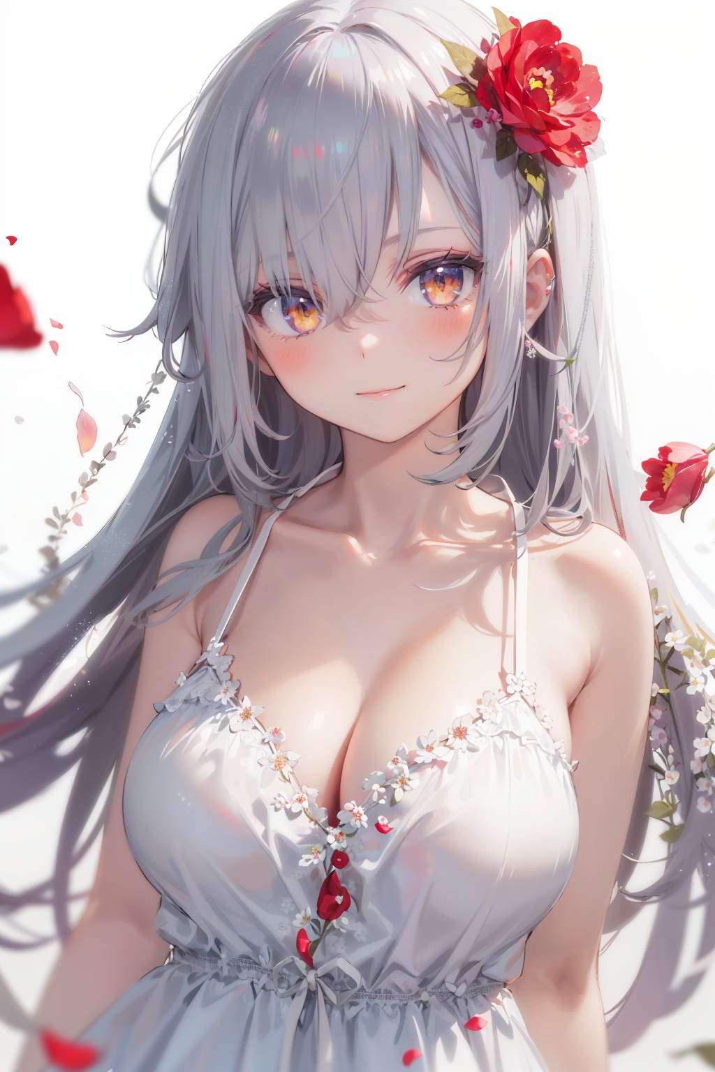 masterpiece,best quality,1girl,solo,looking at viewer,silver hair,yellow eyes,beautiful and detailed face,evil smile,upper body,collarbone,collarbone,large breasts,white long translucent night gown,expressionless,hair cover one eye,long hair,red hair flower,standing,blood,(plenty of red petals:1.35),white background,simple background,