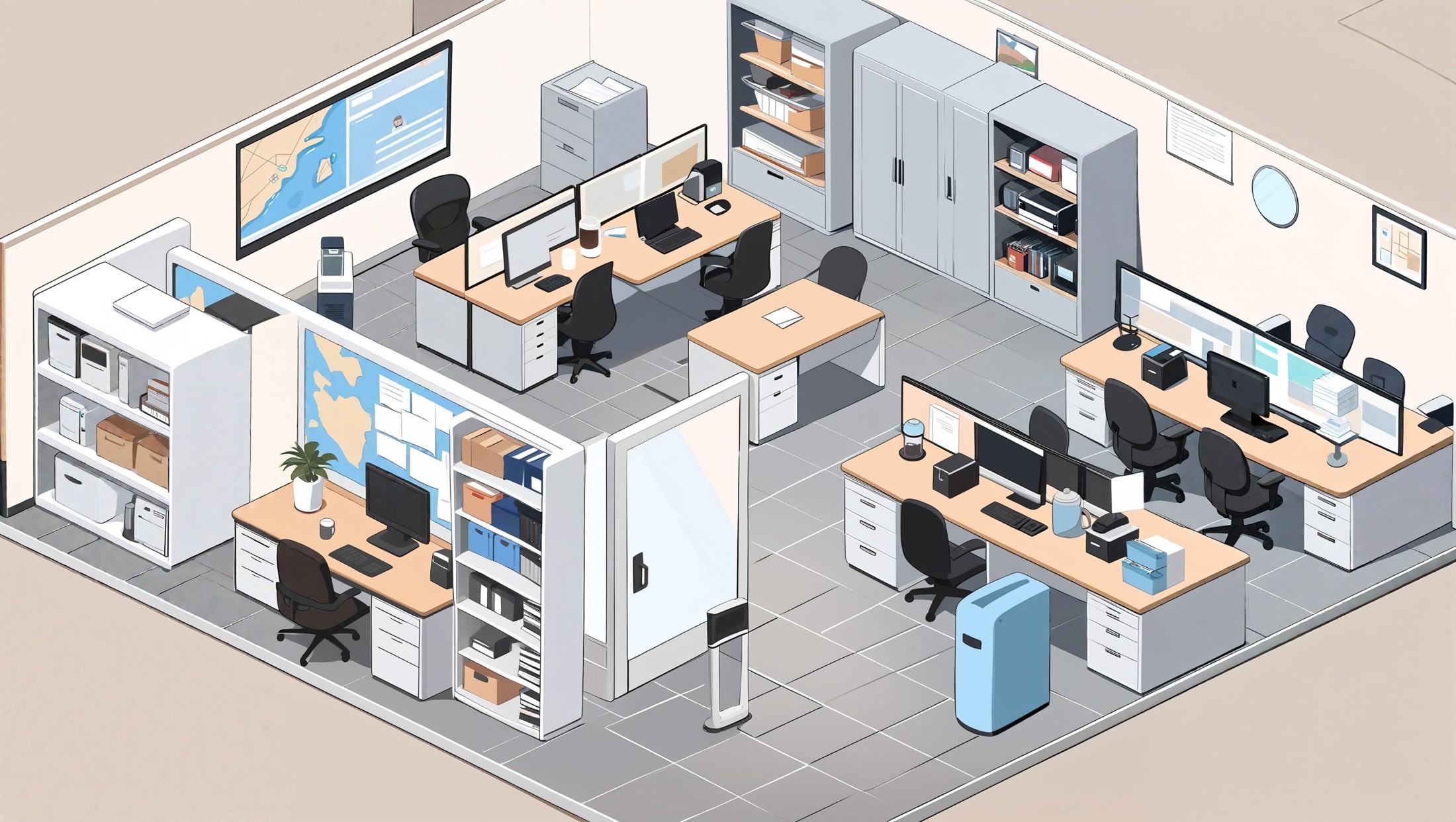 masterpiece,best quality,<lora:gamebg:0.5>,chibi,room-style,gray tile flooring,sturdy double-glazed windows,desks,office chairs,computers,office supplies,maps,bulletin boards,filing cabinet,file folders,small meeting area,round table,chairs,surveillance screens,water dispenser,coffee machine,