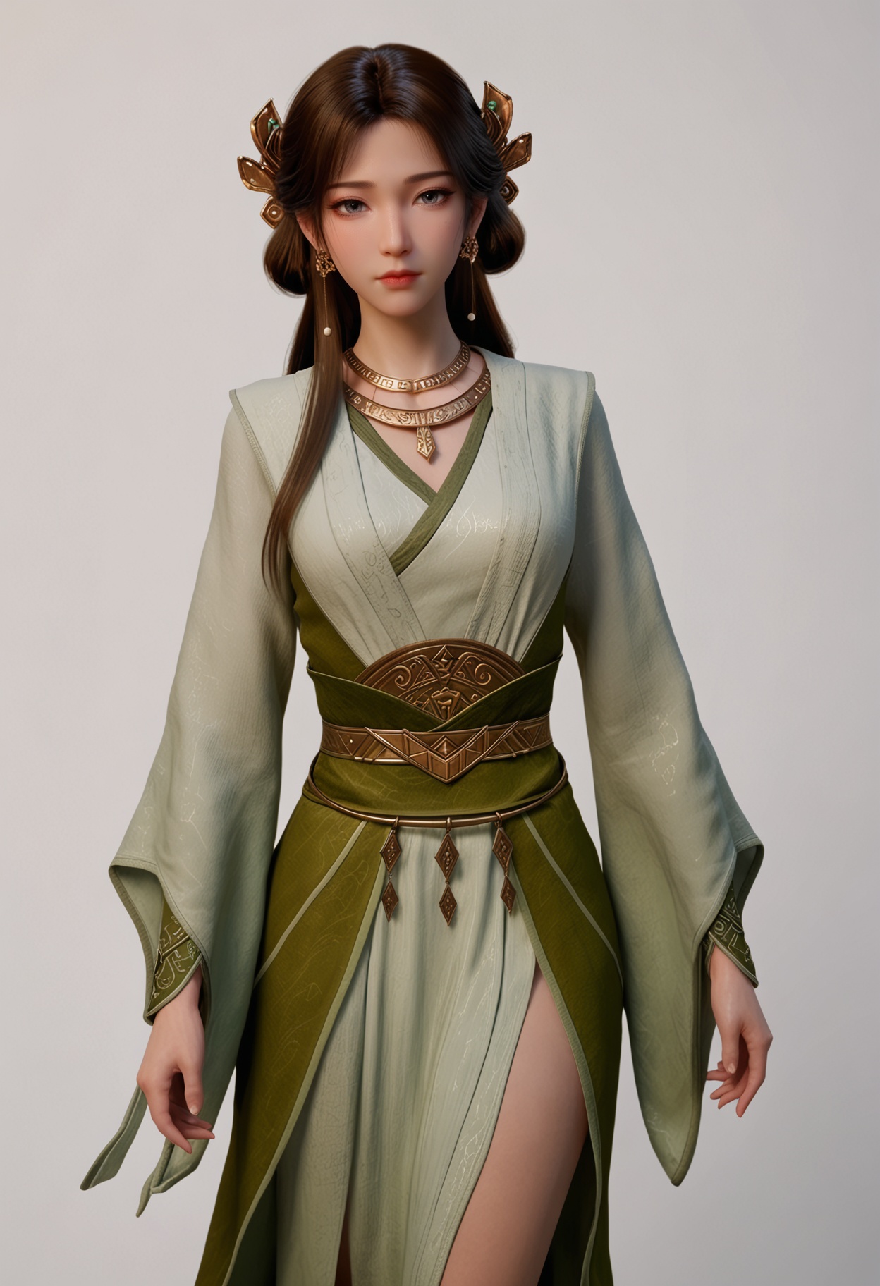 score_9,high detail,best quality,shiny skin,shiny,meining,1girl,solo,grey eyes,brown hair,long hair,jewelry,white background,necklace,realistic,hair ornament,earrings,simple background,dress,closed mouth,long sleeves,chinese clothes,lips,sash,green dress,looking at viewer,thighs,<lora:QQSponymeiningV1:0.8>,<lora:Pony_DetailV2.0:0.8>,<lora:皮肤凹痕:0.1>,