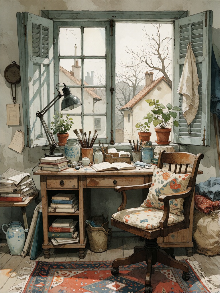 **Final Answer**Bradhamel art style,  watercolor illustration of a cozy,  cluttered artist’s studio with a large multi-pan...