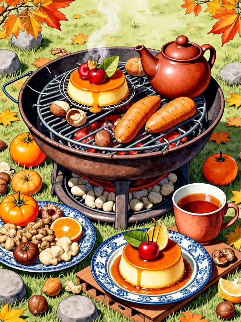 Realistic style of food illustration,(A fall outdoor barbecue illustration), Main subject: An outdoor barbecue and tea snack scene on a fall grassy area, Detail elements:, Cooking equipment: A clay charcoal grill, with roasted sweet potatoes (one oozing oil), chestnuts, and a clay teapot on the grill, Food: Caramel pudding (topped with cherry), dried persimmons, oranges (multiple with leaves, some peeled), persimmons, various nuts (peanuts, sunflower seeds, walnuts, chestnuts), ginkgo nuts in a blue and white patterned dish, Drinks: Hot tea in a clay teacup, Environment: Maple leaves scattered on green grass, with stones in the background, Style: Watercolor illustration, soft colors, rich details, highlighting the warmth and harvest feeling of a fall outdoor setting, Negative prompt: ng_deepnegative_v1_75t,(badhandv4:1.2),EasyNegative,(worst quality:2),,nsfw, Steps: 30, Sampler: Euler, CFG scale: 7.0, Seed: 792637357, Size: 768x1024, Model hash: 8cba4f1ef4, Model: F.1基础算法模型-哩布在线可运行_F.1-dev-fp8.safetensors, Denoising strength: 0, RNG: CPU, Lora 1: 而已, Lora Hash 1: de715ed38f, Lora Weight 1: 0.8, vae_name: automatic
