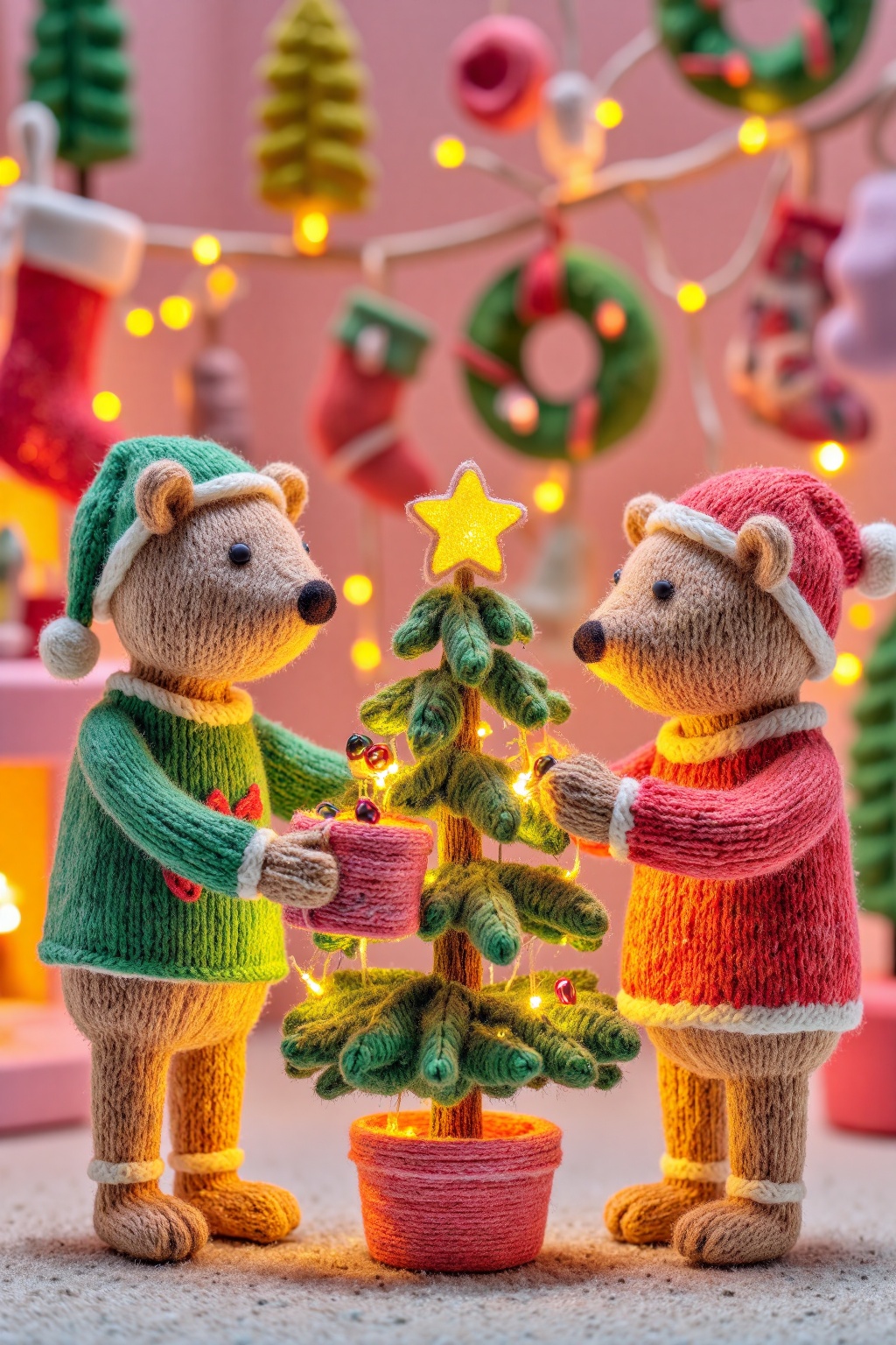beijihui,Eye-level shot of two plush animals decorating a tiny Christmas tree together,one placing a star on top while the other holds a box of ornaments. They wear festive red and green knitted sweaters and Santa hats. Warm yellow fairy lights twinkle in the background,with a pink wall adorned with tiny stockings and wool wreaths.,
