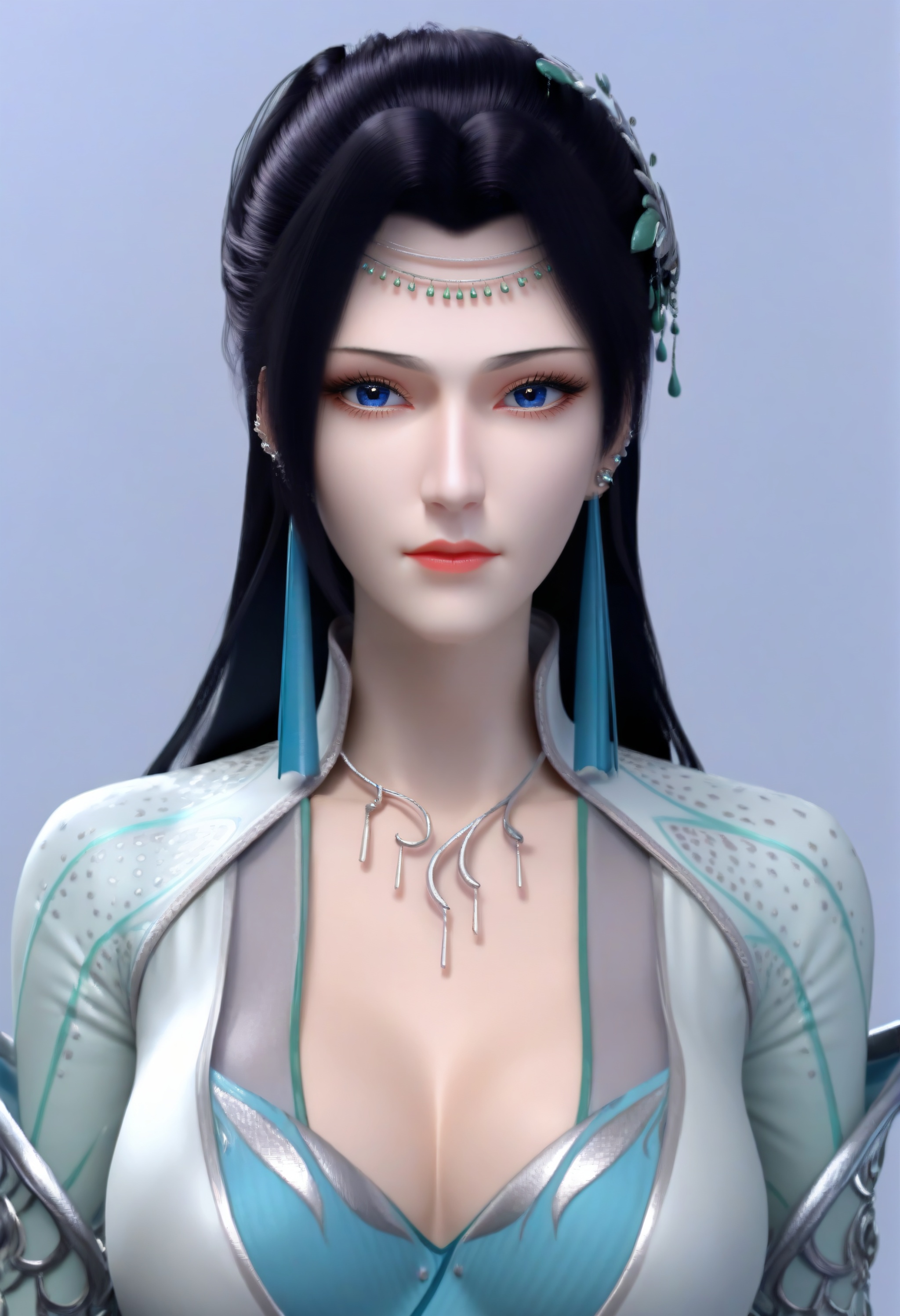 (score_9),vivid colours,Expressiveh,ambient occlusion,((Subsurface Scattering)),<lora:云韵绿色-Apony-000008:0.83>,yy,1girl,solo,black hair,tassel earrings,long hair,forehead jewelry,necklace,hair ornament,lipstick,long eyelashes,looking at viewer,front view,<lora:perfect-eyes:0.8>,blue eyes,mature,(mature_female:1.3),collarbone,puffy breasts,pointy_breasts,large breasts,cleavage,<lora:a修手:0.3>,BREAK<lora:SkinRealityOrg_ponyv6_loraplus:0.3>,real skin,OverallDetail,fair_skin,(Ivory_skin),simple background,<lora:e色温:0.5>,<lora:e肤色滑块:0.5>,<lora:detailed_notrigger:1>,<lora:Expressive_H-000001:0.8>,