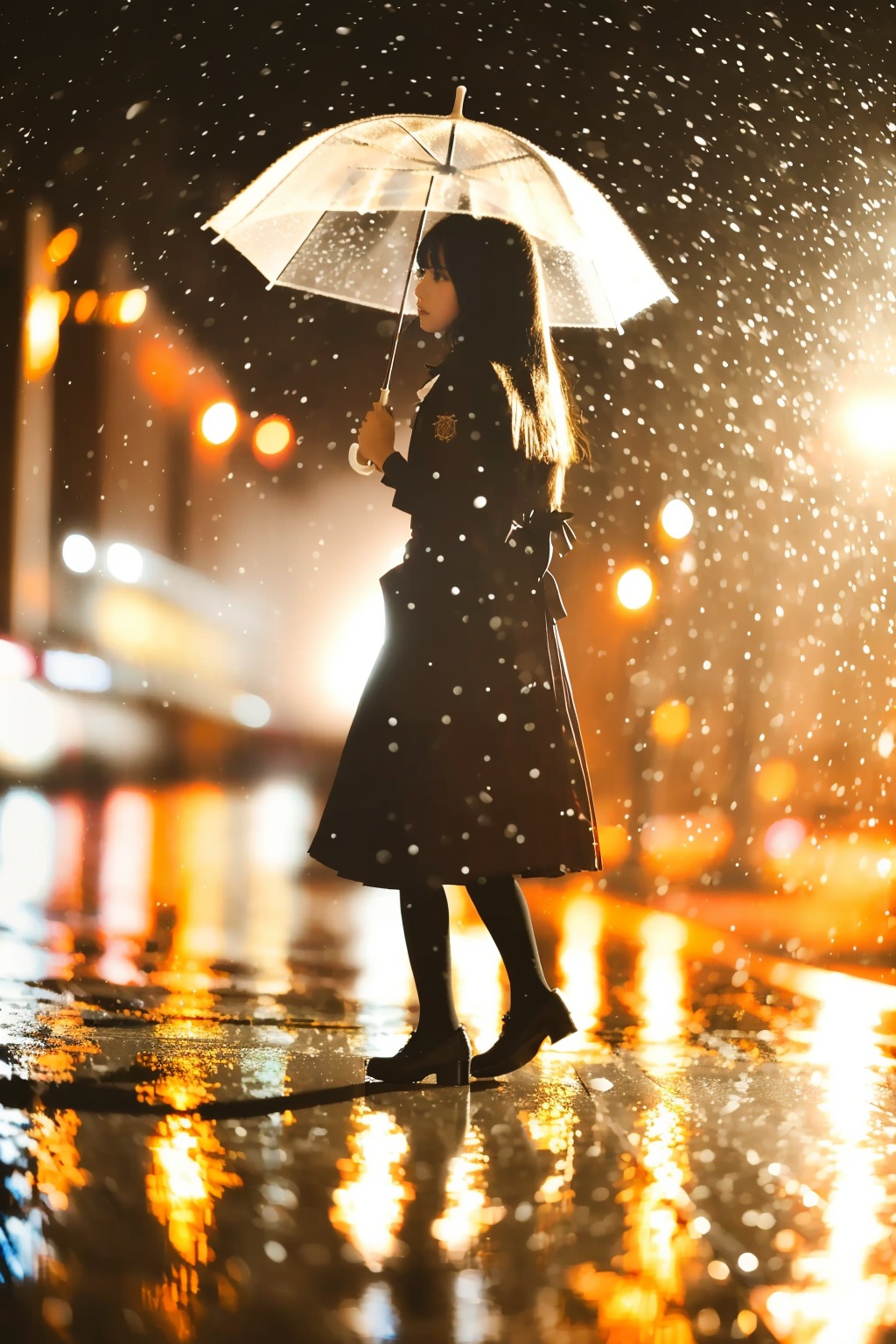 bubble, splashing, snowflakes, side glare, xueye, 1girl, ambient lighting, solo, backlighting, light pollution, light reflection from ground, ground reflection, reflection, bokeh, side lighting, long hair, transparent umbrella, looking at viewer, skirt, black hair, long sleeves, holding, standing, outdoors, blurry, black eyes, lips, coat, depth of field, umbrella, ground vehicle, snowing, holding umbrella, transparent, bow, bowtie, realistic, bangs, parted lips, blurry background, snow,<lora:xueye_v1:0.8>