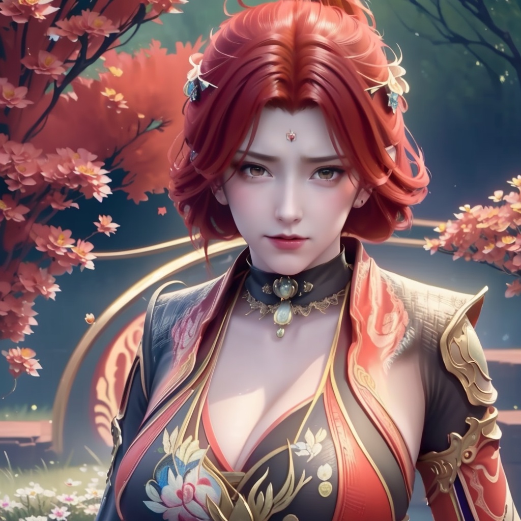 <lora:斗破苍穹-唐火儿:0.8>,red hair,   (,1girl, ,best quality, ),looking at viewer,,anime,(masterpiece, top quality, best quality, official art, beautiful and aesthetic:1.2), (1girl)	, , (cleavage),extreme detailed,(fractal art:1.3),colorful, flowers ,highest detailed,(by Jeremy Lipking)    (cleavage), (),