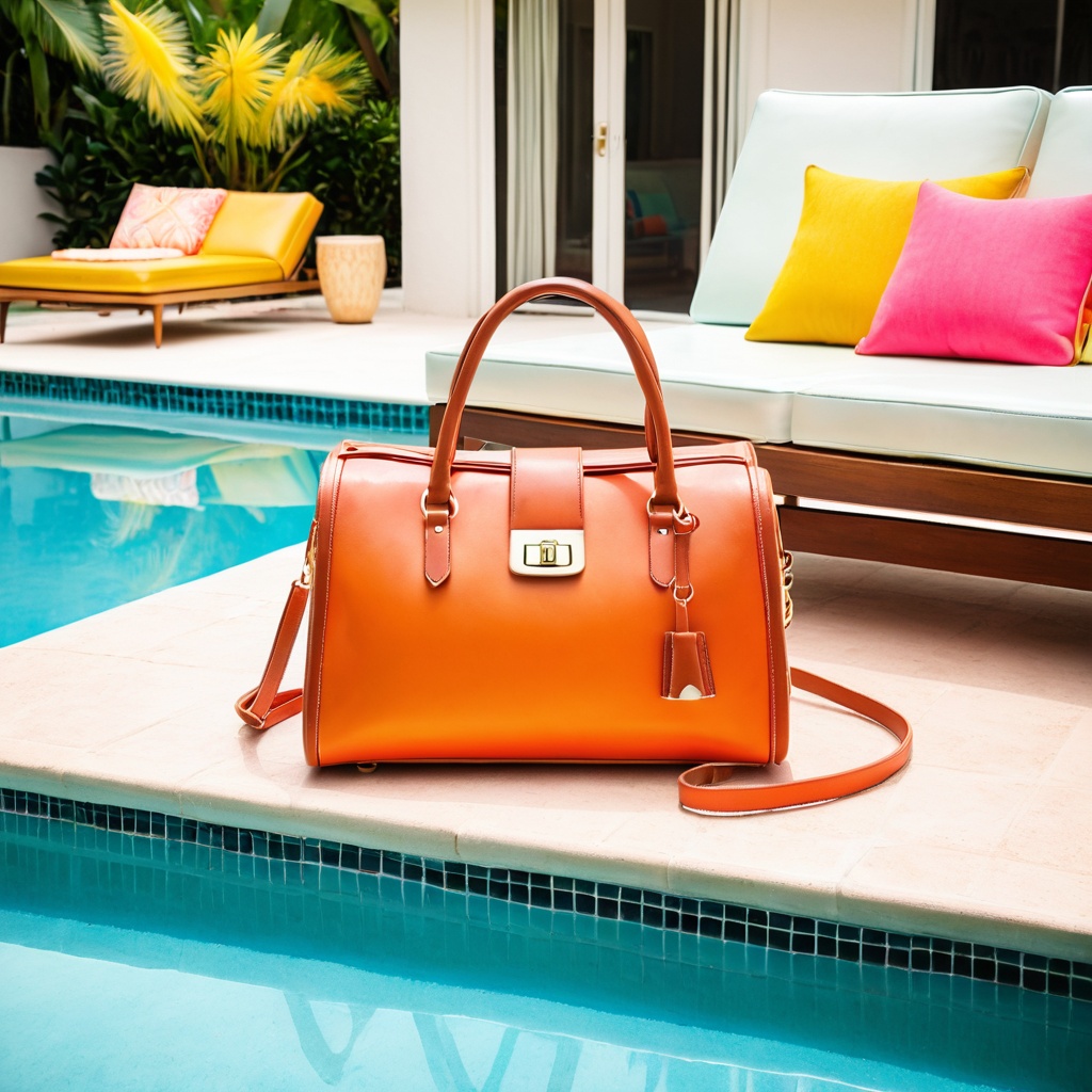 scenemidcepools,  a leather handbag,  mid-century poolside cabana table on Tensor.Art