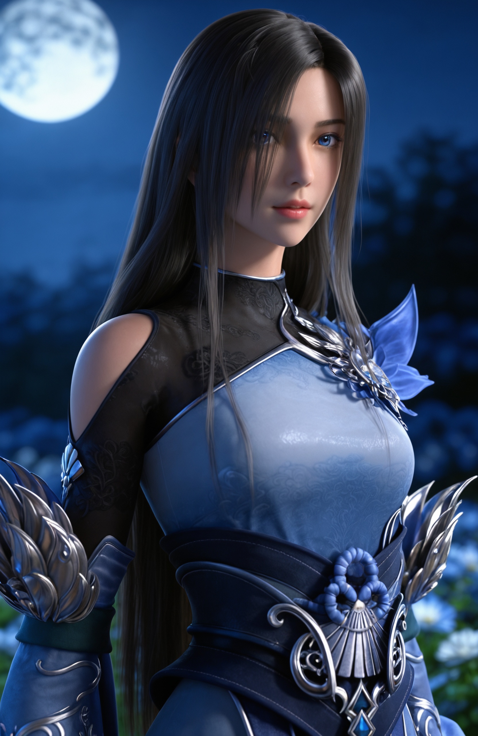 <lora:完美世界-重瞳者Pony:0.8> 1girl, black hair, long hair, blue dress, shoulder cutout, detached sleeves, long sleeves, sash,, 1girl,solo,shiny,shiny_hair,upper_body,fair_skin,white_skin,shiny_skin,shiny,Ivory_skin,looking at viewer,cinematic lighting,volumetric lighting,solo focus,blurry background,depth of field,night,sky,night sky,full moon,moonlight,