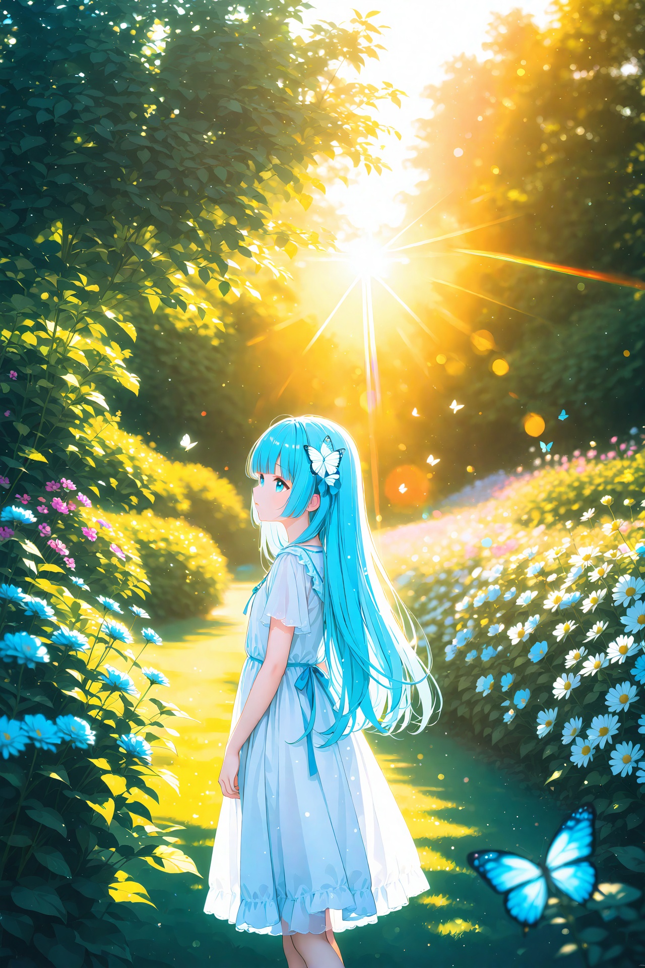 masterpiece,best quality,high quality,(colorful),1girl,loli,wide shot,(depth of field),global illumination,soft shadows,backlight,lens flare,((colorful refraction)),((cinematic lighting),looking outside,with butterfly,1girl with lightblue long hair and blue aqua eyes,hair flowers,hime cut,sunlight,blurry background,blurry,garden,White Dress,