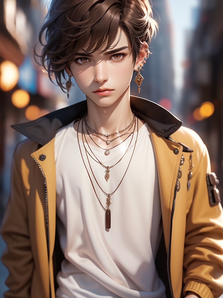 CG,solo, jewelry, brown eyes, looking at viewer, blurry background, brown hair, shirt, earrings, upper body, short hair, male focus, jacket, blurry, 1boy, necklace, lips, white shirt, realistic, closed mouth, piercing, coat, bangs, outdoors